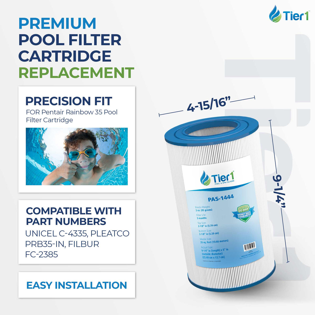 Tier1 Pool Filter for Pentair Rainbow 35 -Washable Trilobal Dirt-Lock Pleats