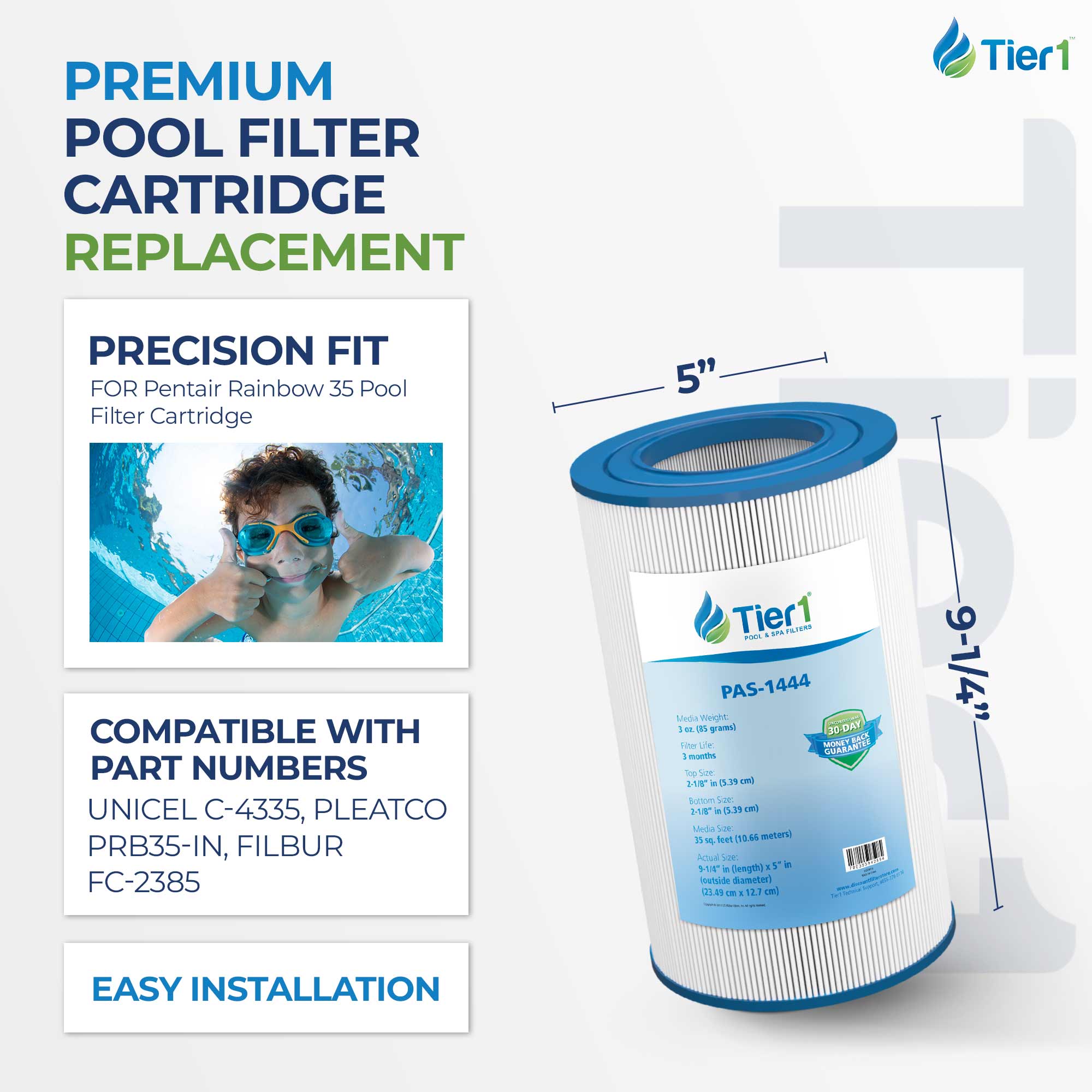 Tier1 Pool Filter for Pentair Rainbow 35 -Washable Trilobal Dirt-Lock Pleats