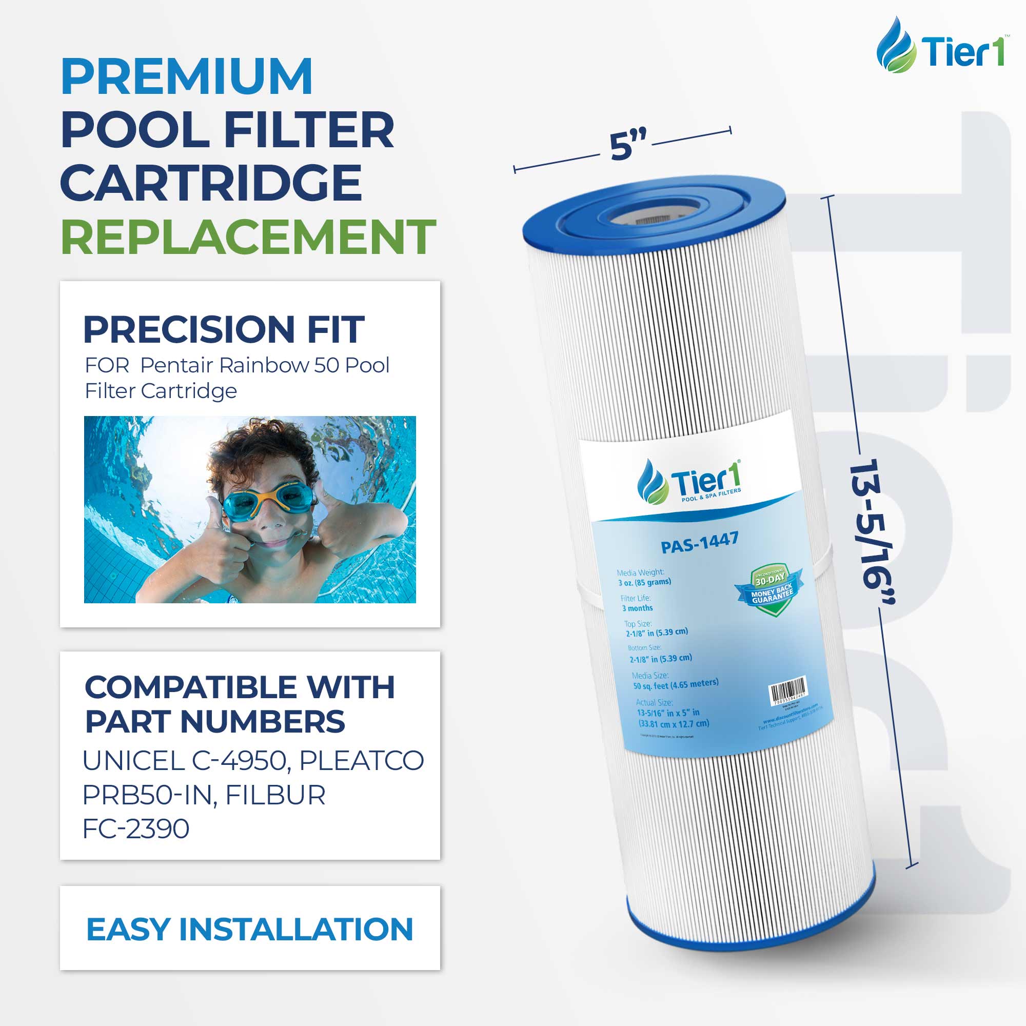 Tier1 Pool Filter for Pentair Rainbow 50 -Washable Trilobal Dirt-Lock Pleats