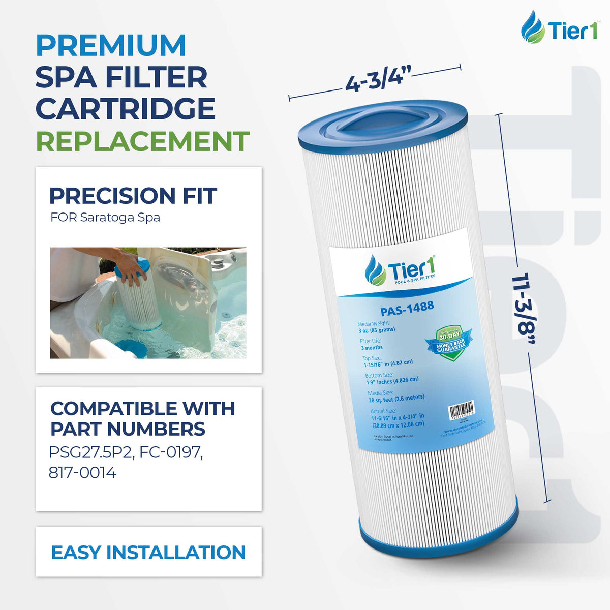 Tier1 Spa Filter for Saratoga Spa -Washable Trilobal Dirt-Lock Pleats