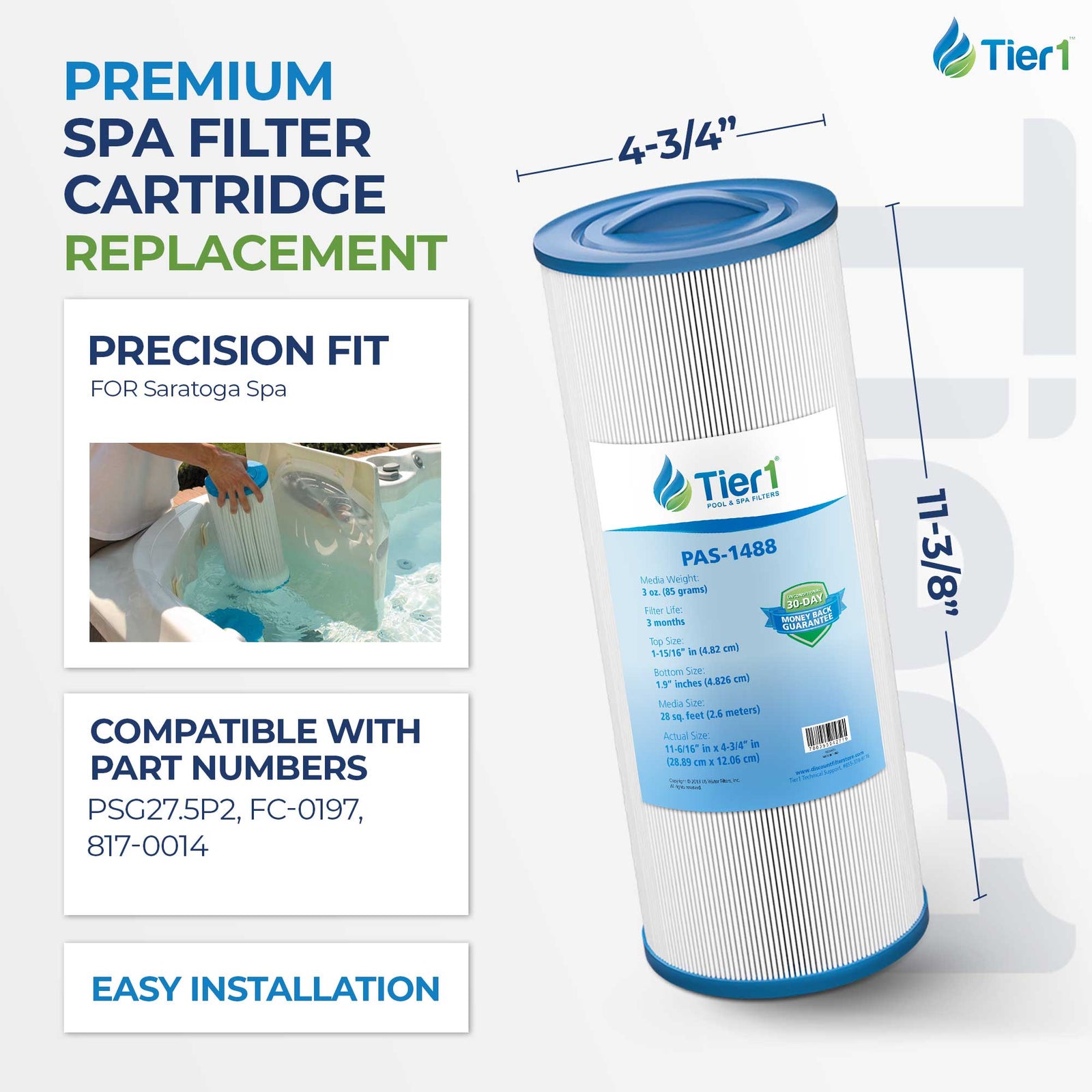 Tier1 Spa Filter for Saratoga Spa -Washable Trilobal Dirt-Lock Pleats