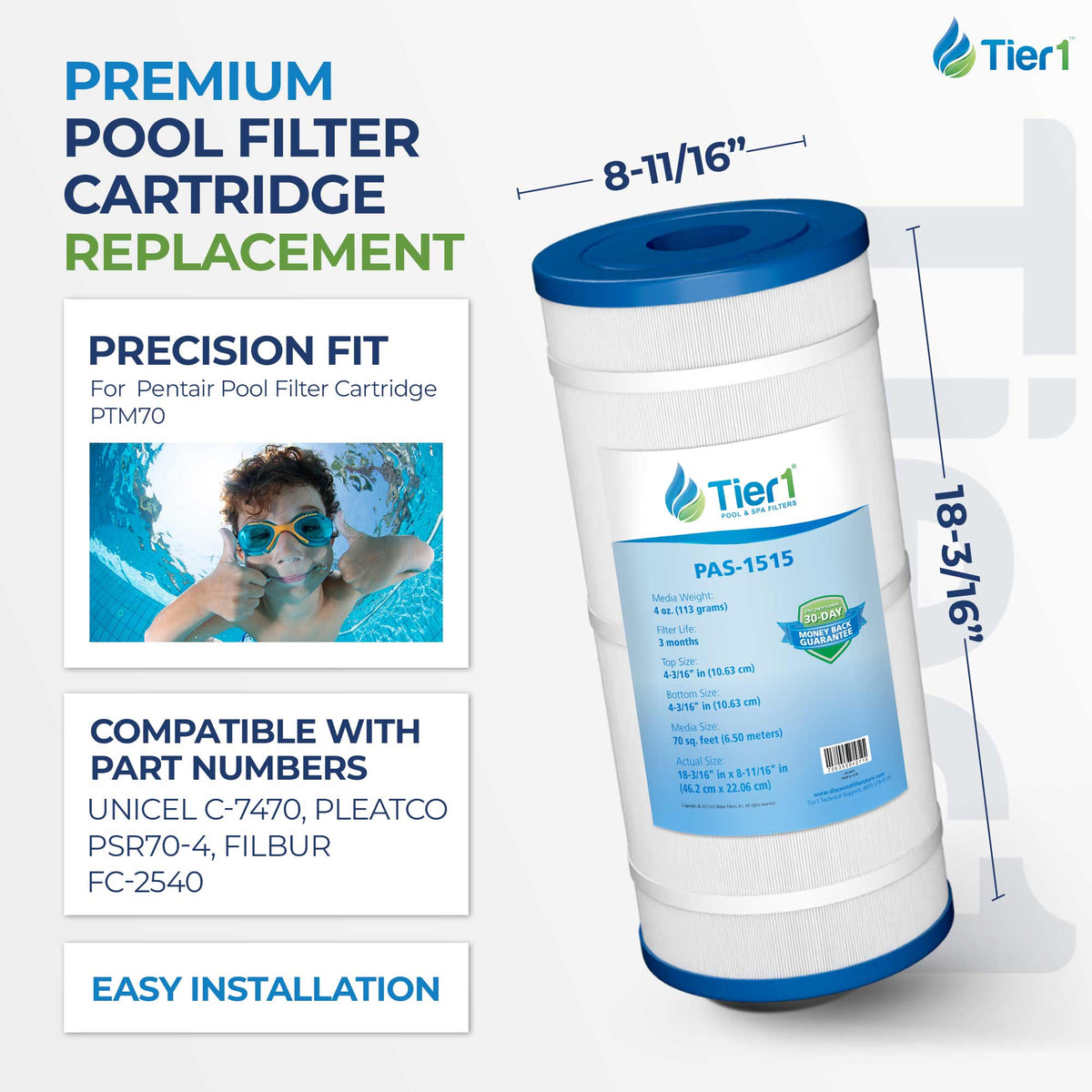 Tier1 Pool Filter for Sta-Rite PTM70 -Washable Trilobal Dirt-Lock Pleats