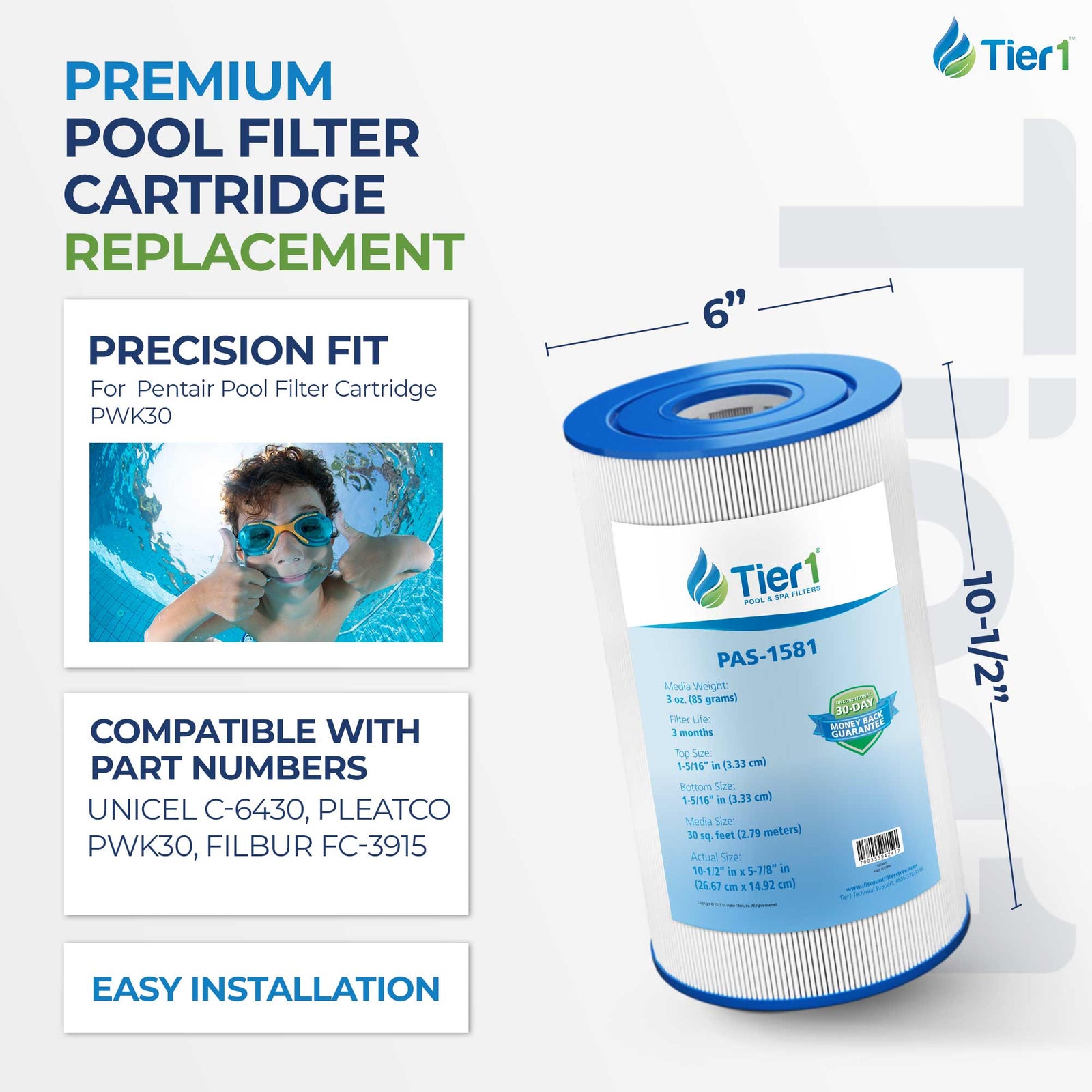 Tier1 Pool Filter for Waterway Clearwater 30 -Washable Trilobal Dirt-Lock Pleats