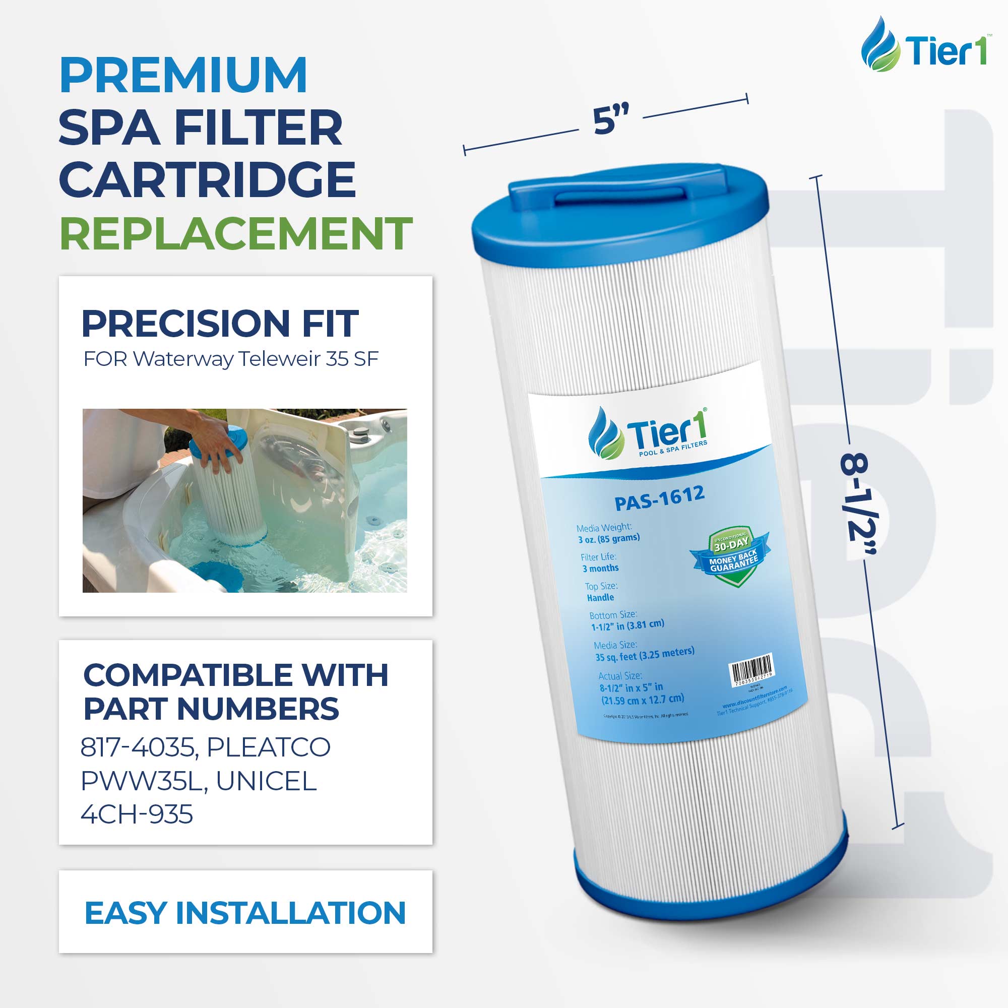 Tier1 Spa Filter for Waterway Teleweir 35 SF -Washable Trilobal Dirt-Lock Pleats