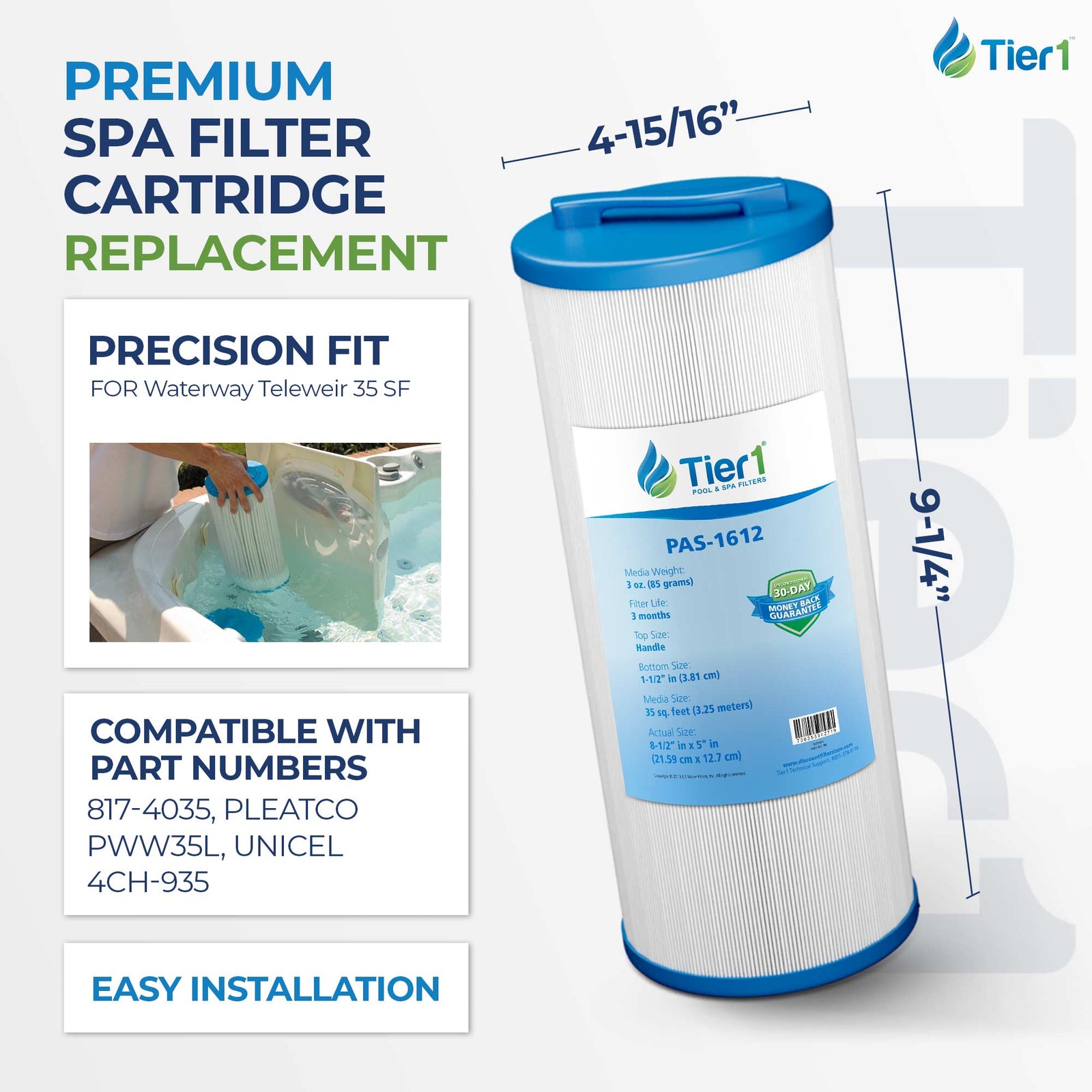 Tier1 Spa Filter for Waterway Teleweir 35 SF -Washable Trilobal Dirt-Lock Pleats