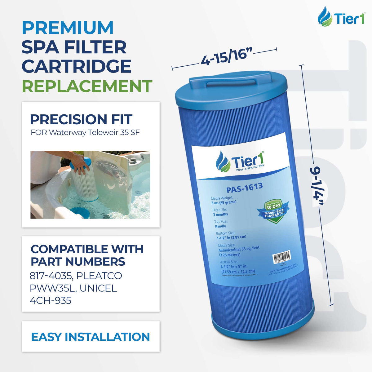 Tier1 Spa Filter for 817-4035 (Antimicrobial)-Washable Trilobal Dirt-Lock Pleats