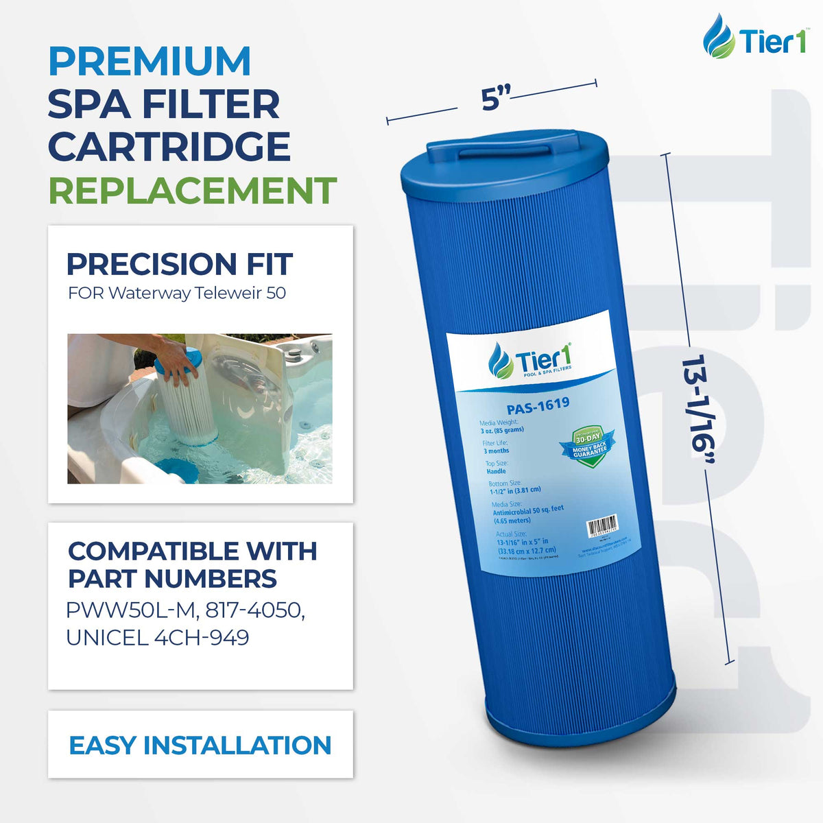 Tier1 Spa Filter for Teleweir 50 (Antimicrobial) -Washable Trilobal Pleats