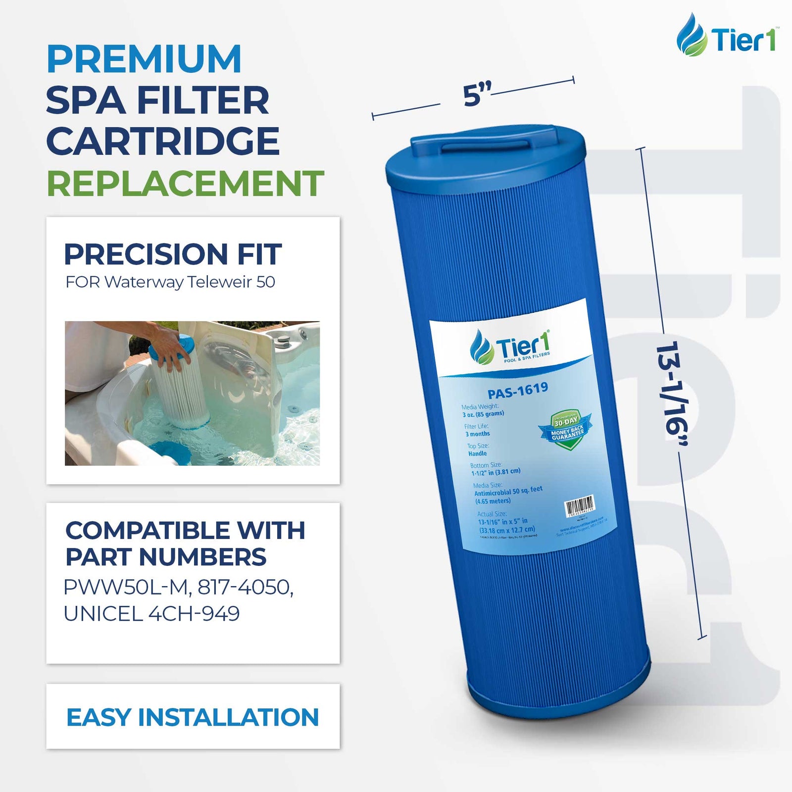 Tier1 Spa Filter for Teleweir 50 (Antimicrobial) -Washable Trilobal Pleats