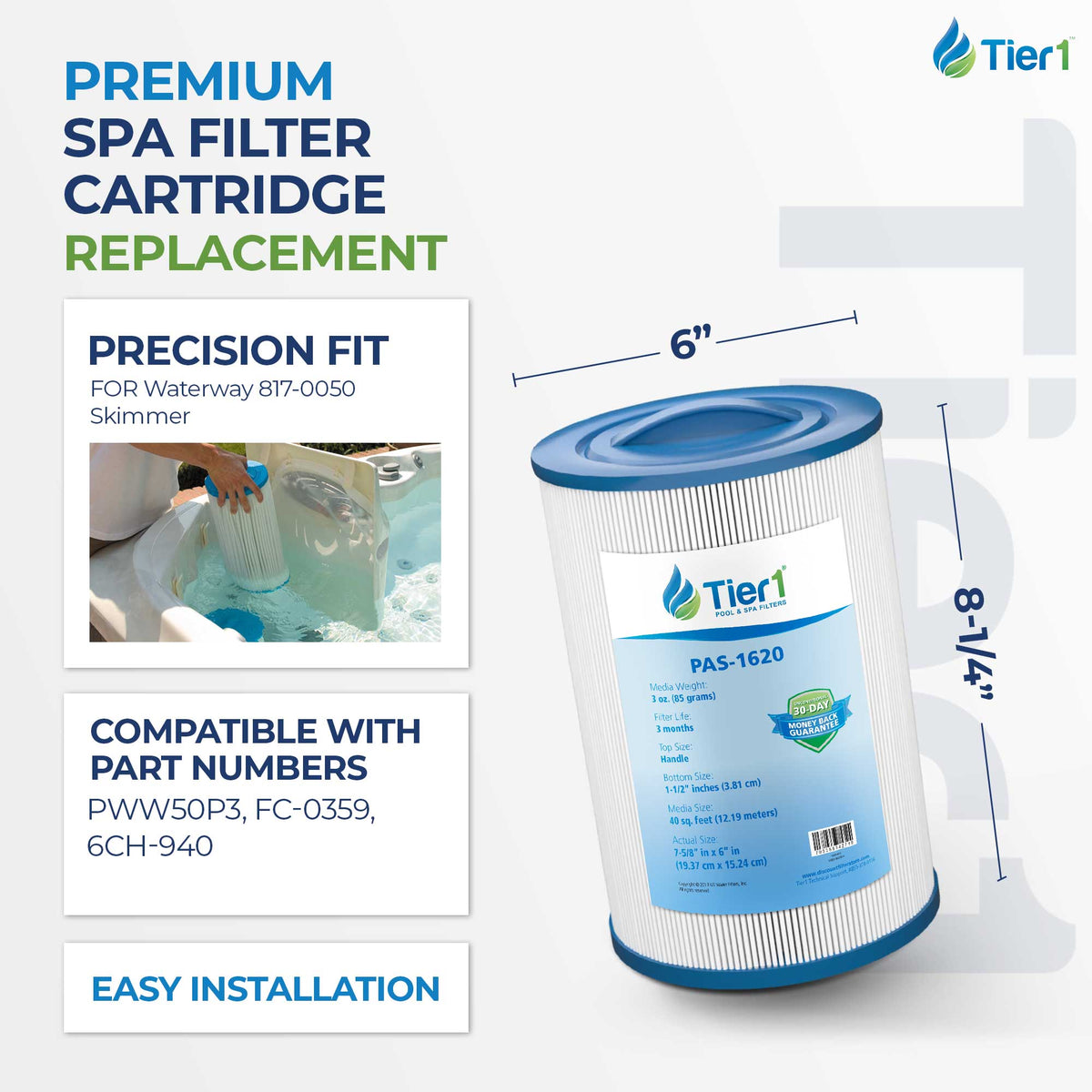 Tier1 Spa Filter for Waterway 817-0050 -Washable Trilobal Dirt-Lock Pleats