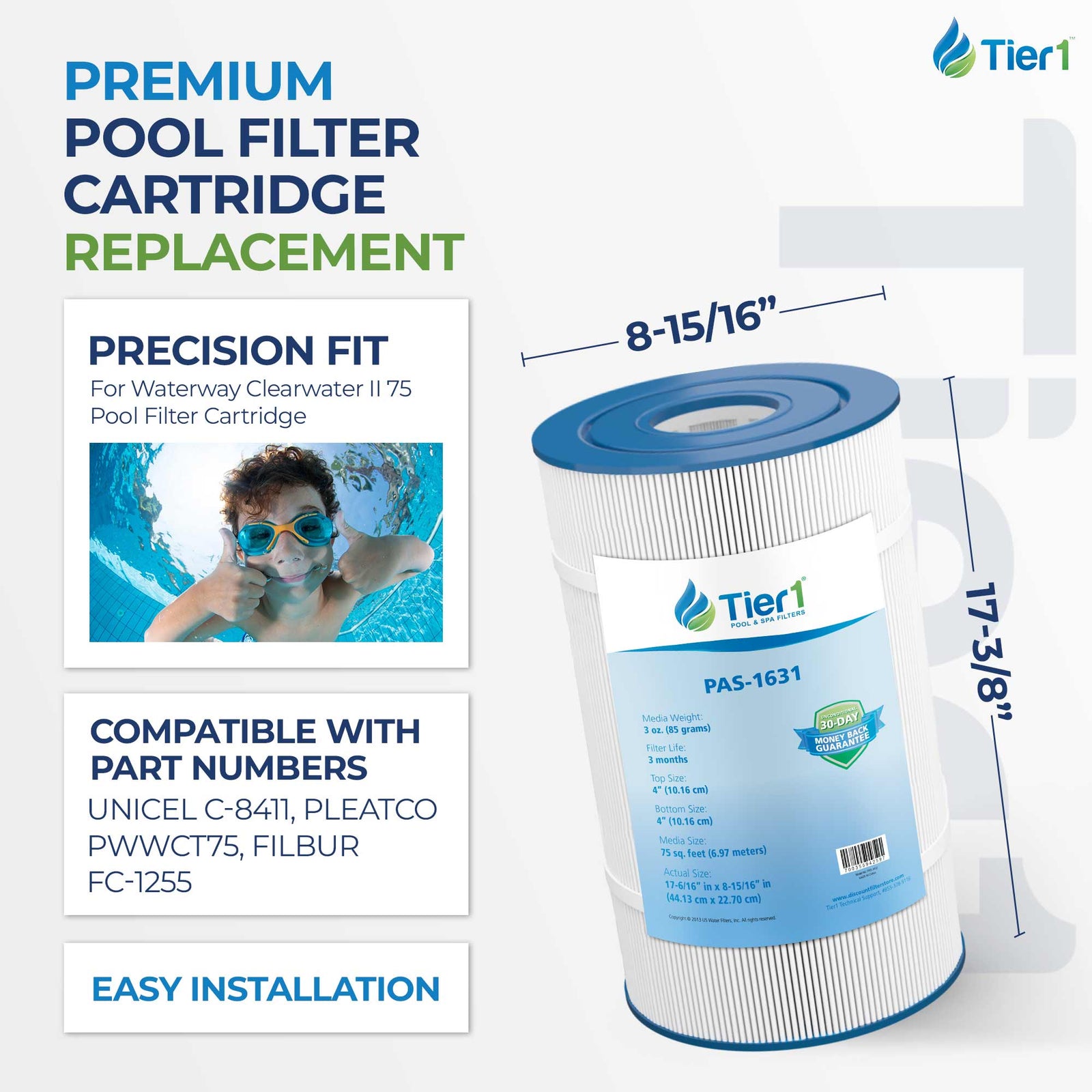 Tier1 Pool Filter for Waterway Clearwater II -Washable Trilobal Dirt-Lock Pleats