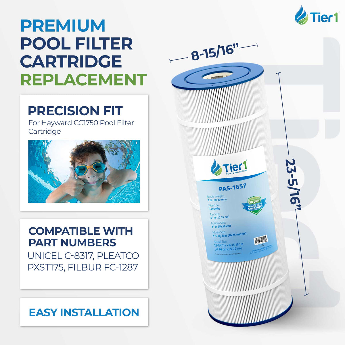 Tier1 Pool Filter for Hayward CC1750 Filter -Washable Trilobal Dirt-Lock Pleats