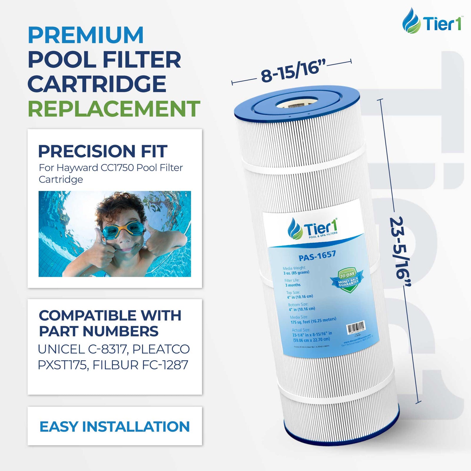 Tier1 Pool Filter for Hayward CC1750 Filter -Washable Trilobal Dirt-Lock Pleats