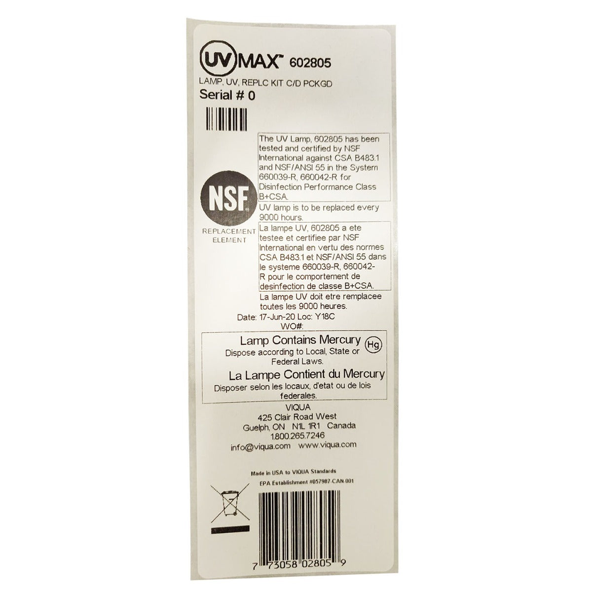 602805 Viqua Water Disinfection System UV Lamp Label Full- DiscountFilterStore.com