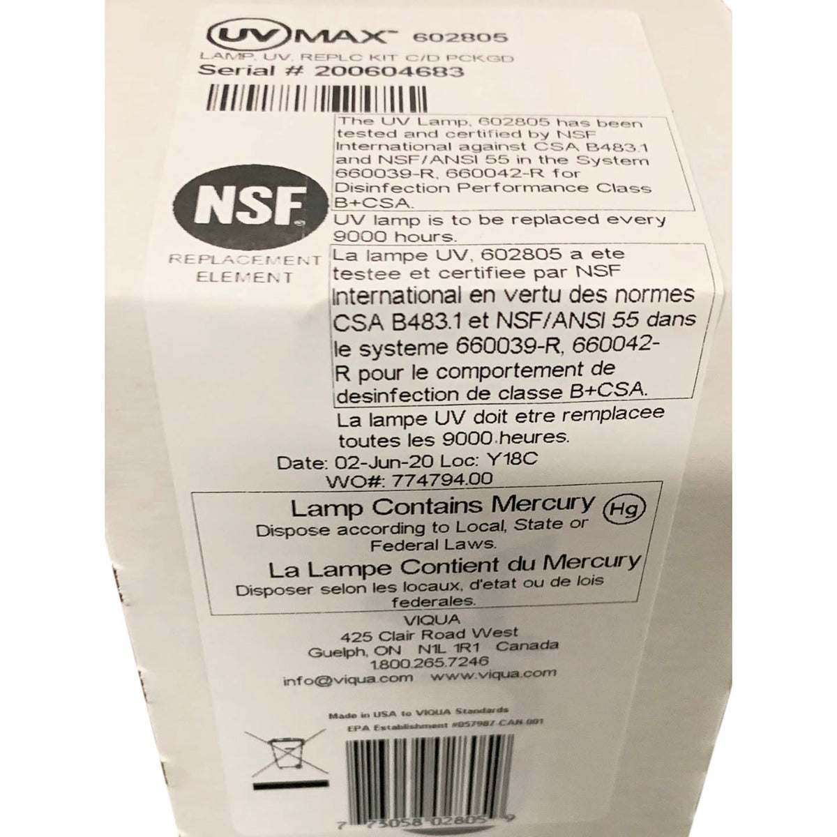 602805 Viqua Water Disinfection System UV Lamp Label- DiscountFilterStore.com