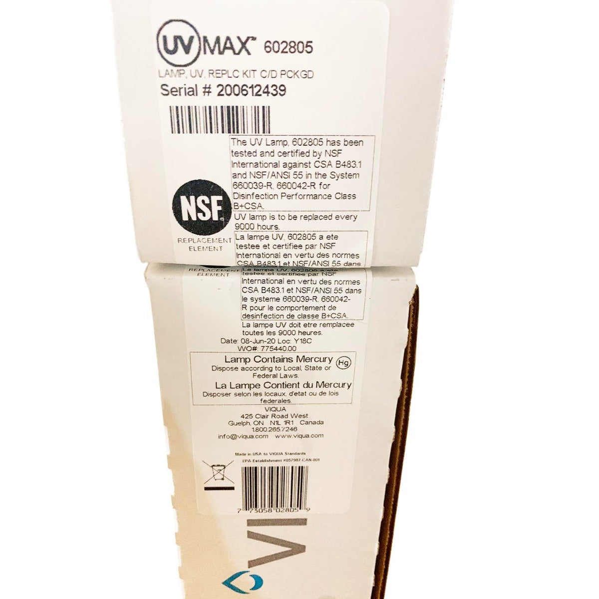 602805 Viqua Water Disinfection System UV Lamp Example Label Full- DiscountFilterStore.com