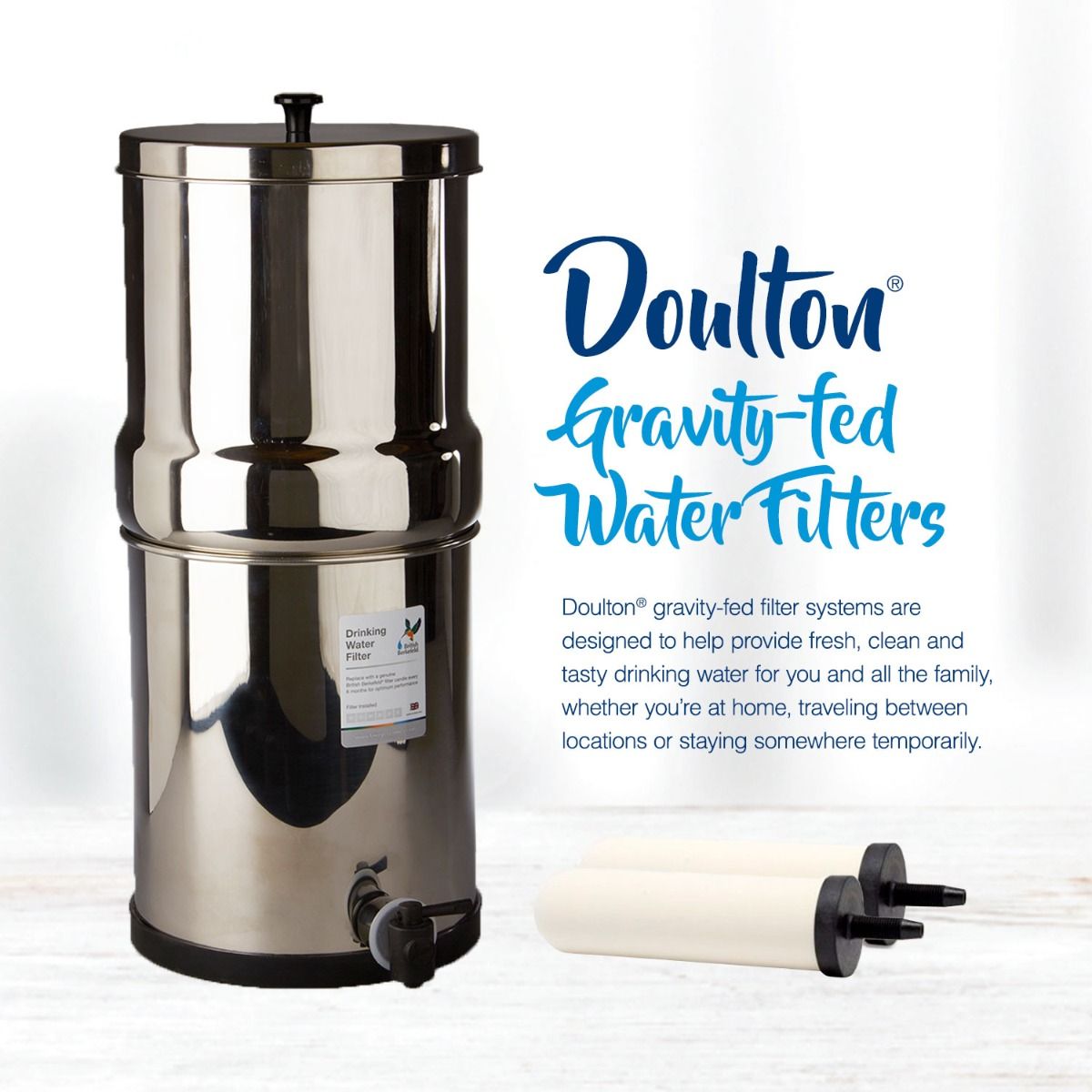 Doulton/British Berkefeld 2.24 Gallon Stainless Steel Gravity-Fed Countertop System with ATC Purification Candle Filters - DiscountFilterStore.com