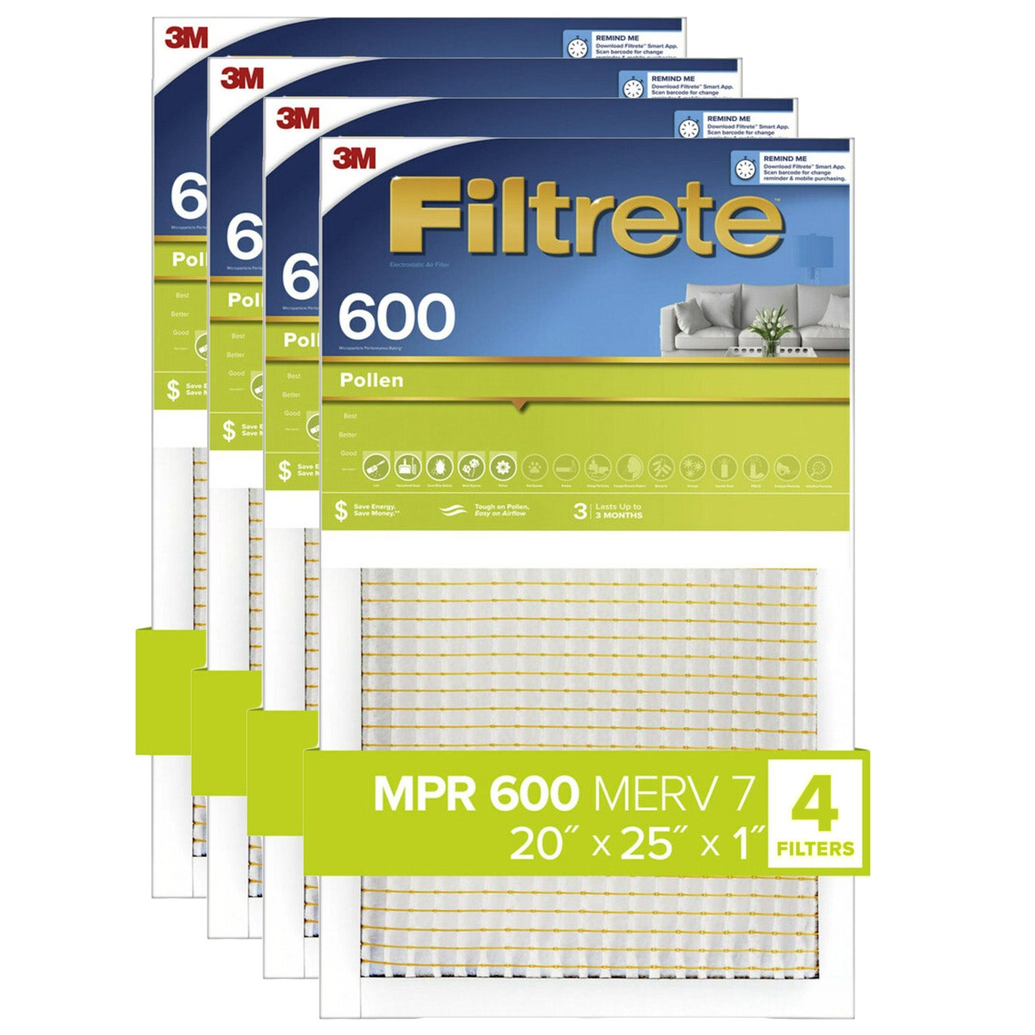 3M Filtrete 600 Dust & Pollen Reduction Air Filter - 20x25x1 (4-Pack) - DiscountFilterStore.com