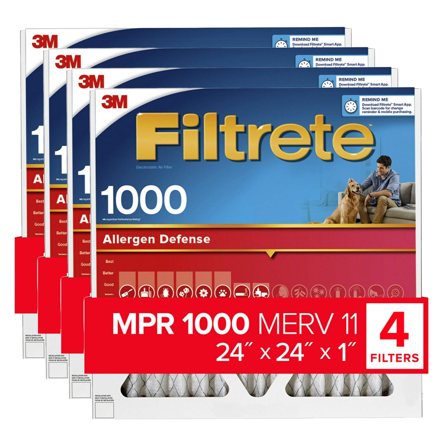 3M Filtrete 1000 Micro Allergen & Dust Defense Filter - 24x24x1 (4-Pack) - DiscountFilterStore.com