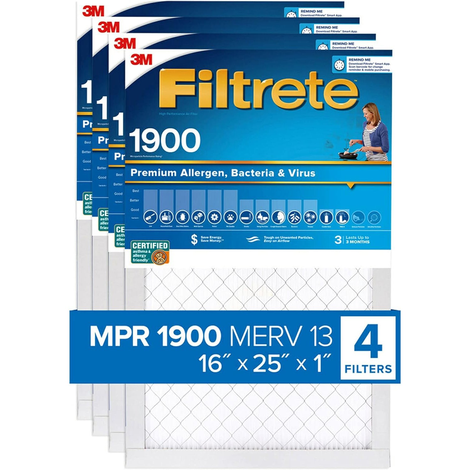 3M Filtrete 1900 Ultimate Allergen, Bacteria & Virus Air Filter - 16x25x1 (4-Pack) - DiscountFilterStore.com