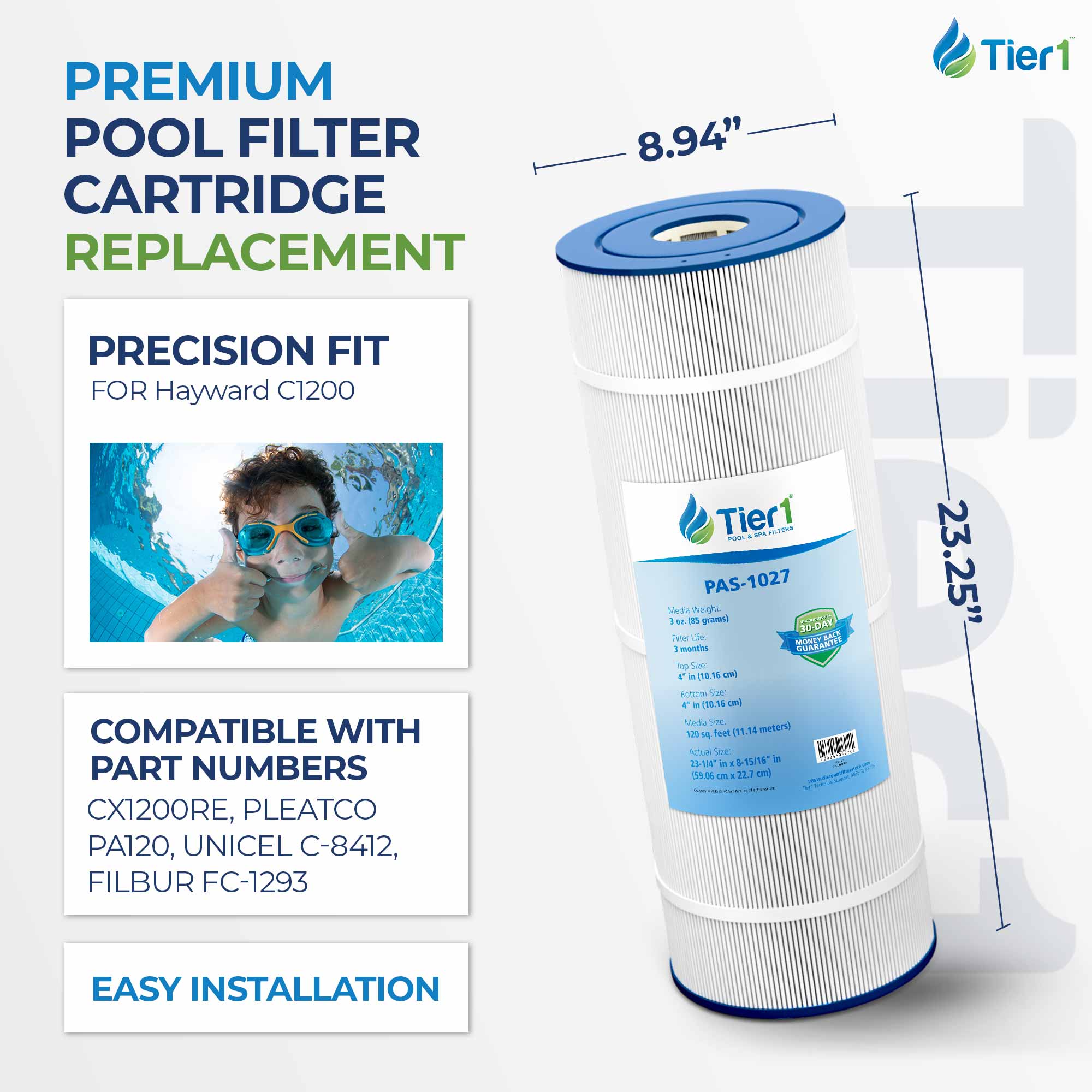 23-1/4 x 8-15/16 Inch Tier1 Pool And Spa Replacement Filter For CX-1200-RE