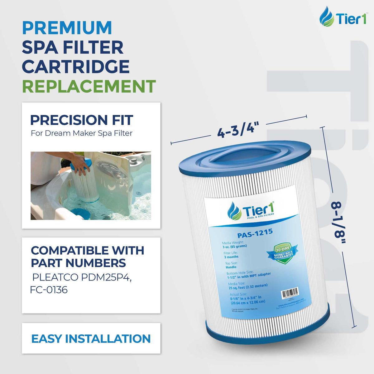 Tier1 Pool Filter for Dream Maker Spa Filter -Washable Trilobal Dirt-Lock Pleats