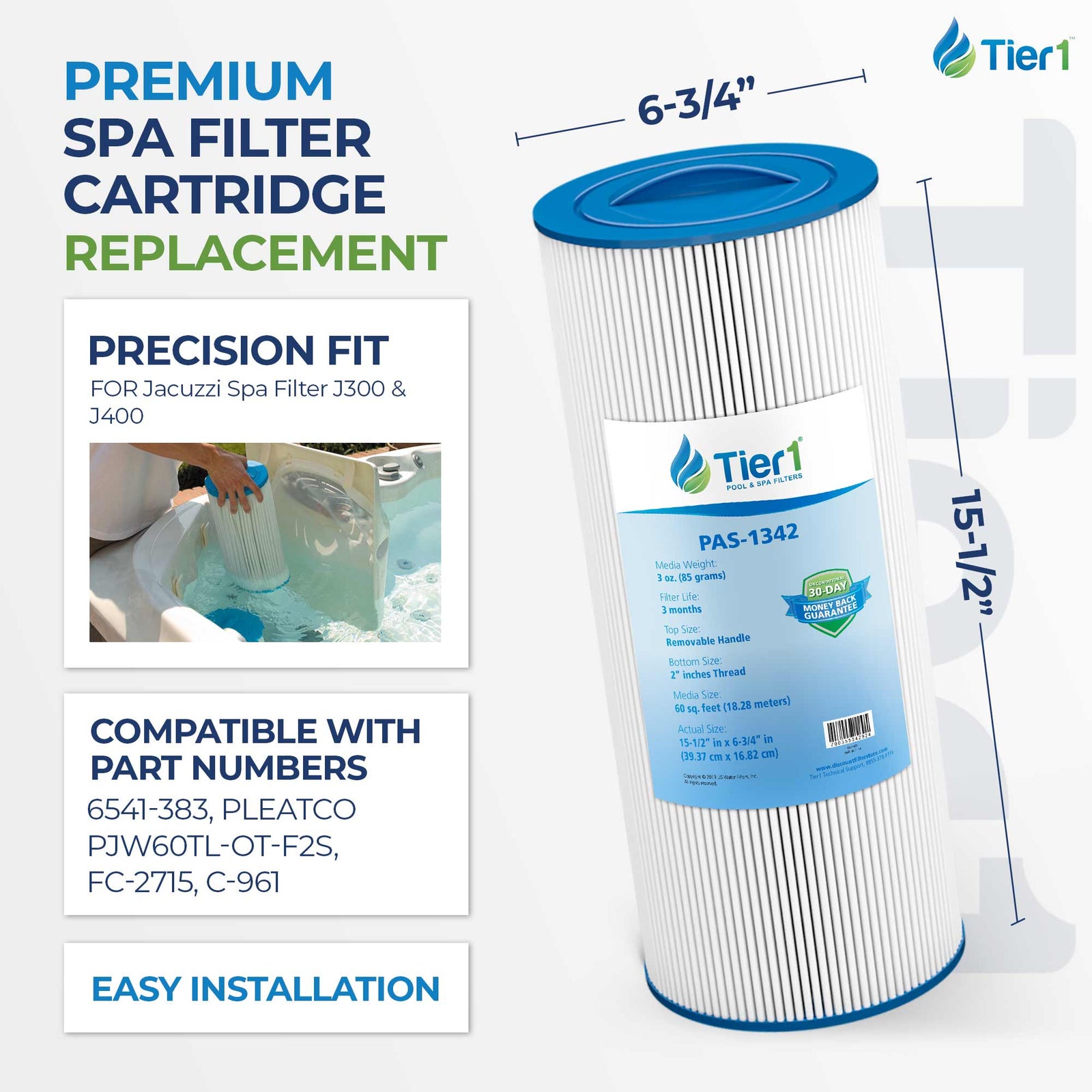 Tier1 Spa Filter for Jacuzzi J300/J400 -Washable Trilobal Dirt-Lock Pleats