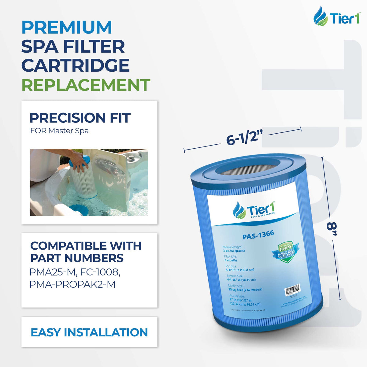 Tier1 Spa Filter for Master Spas -Washable Trilobal Dirt-Lock Pleats