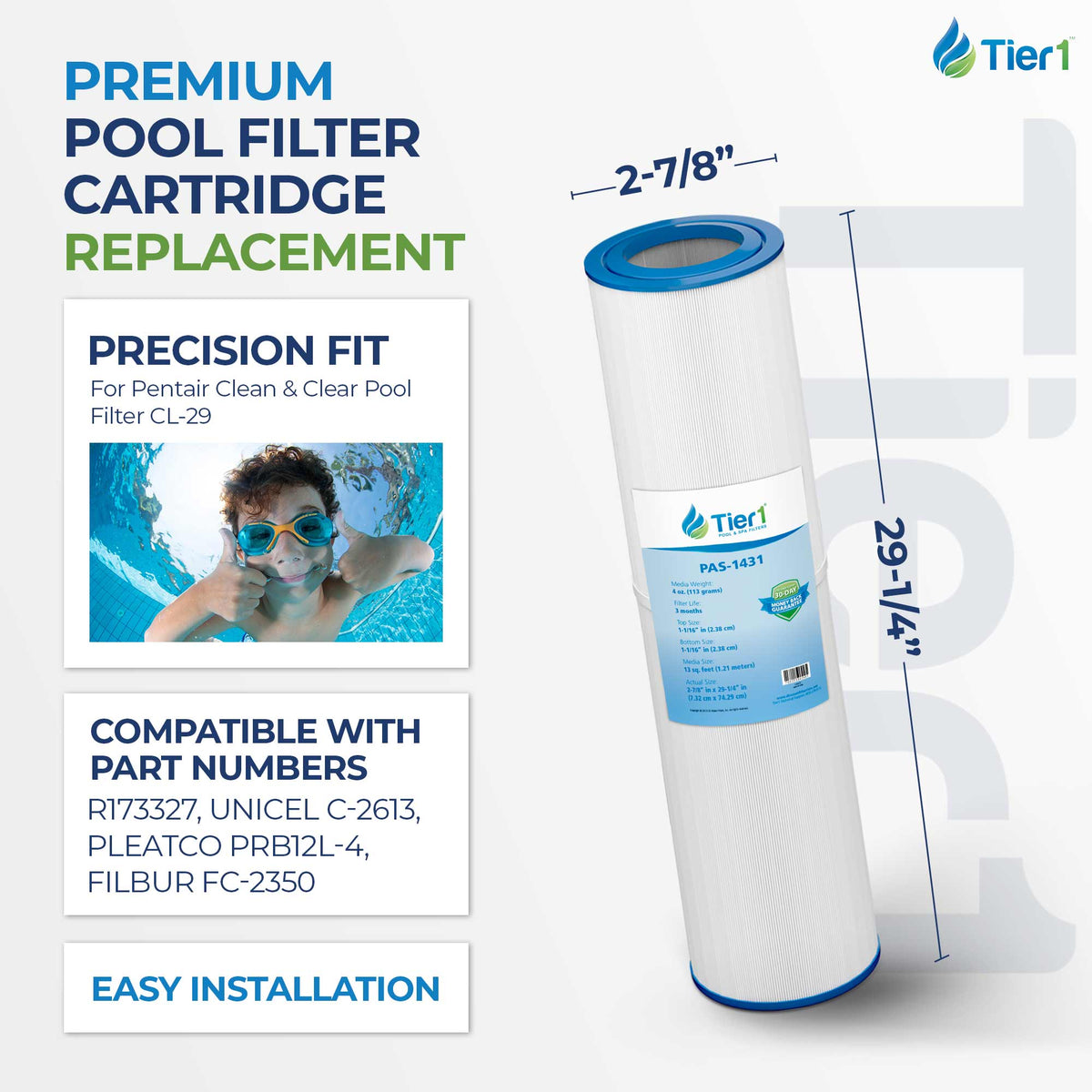 Tier1 Pool Filter for Pentair R173327 -Washable Trilobal Dirt-Lock Pleats