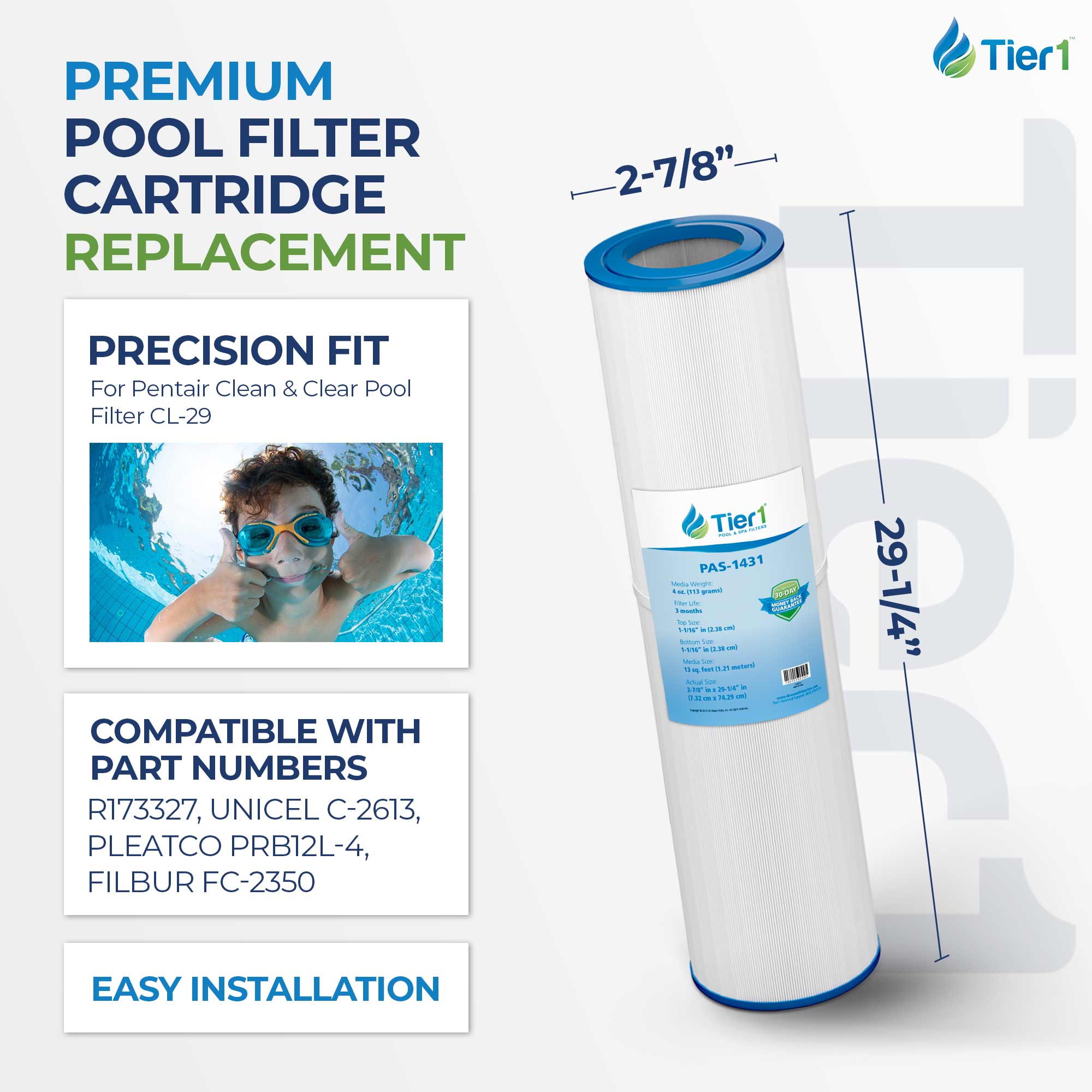 Tier1 Pool Filter for Pentair R173327 -Washable Trilobal Dirt-Lock Pleats