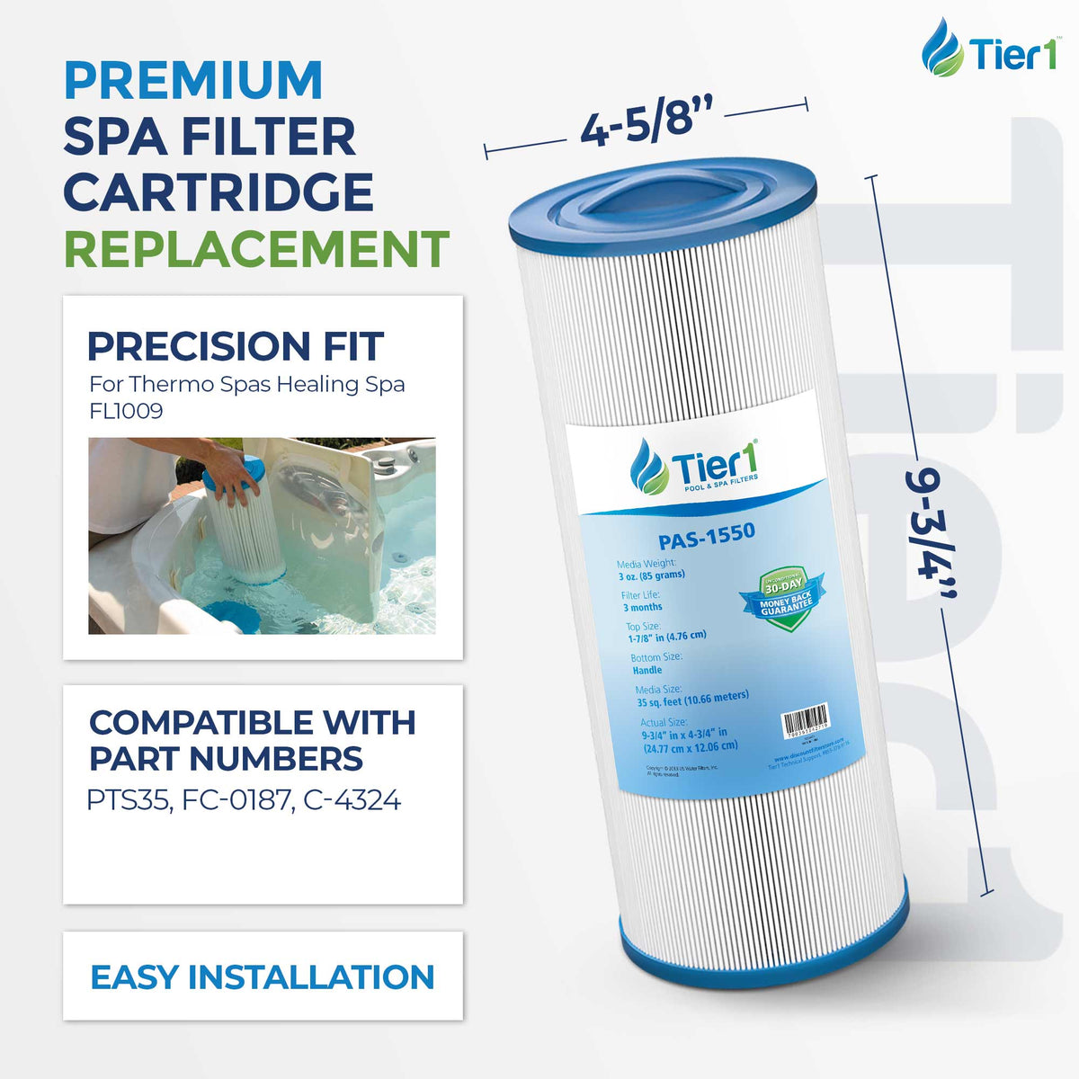 Tier1 Spa Filter for Thermo Spas FL1009 -Washable Trilobal Dirt-Lock Pleats