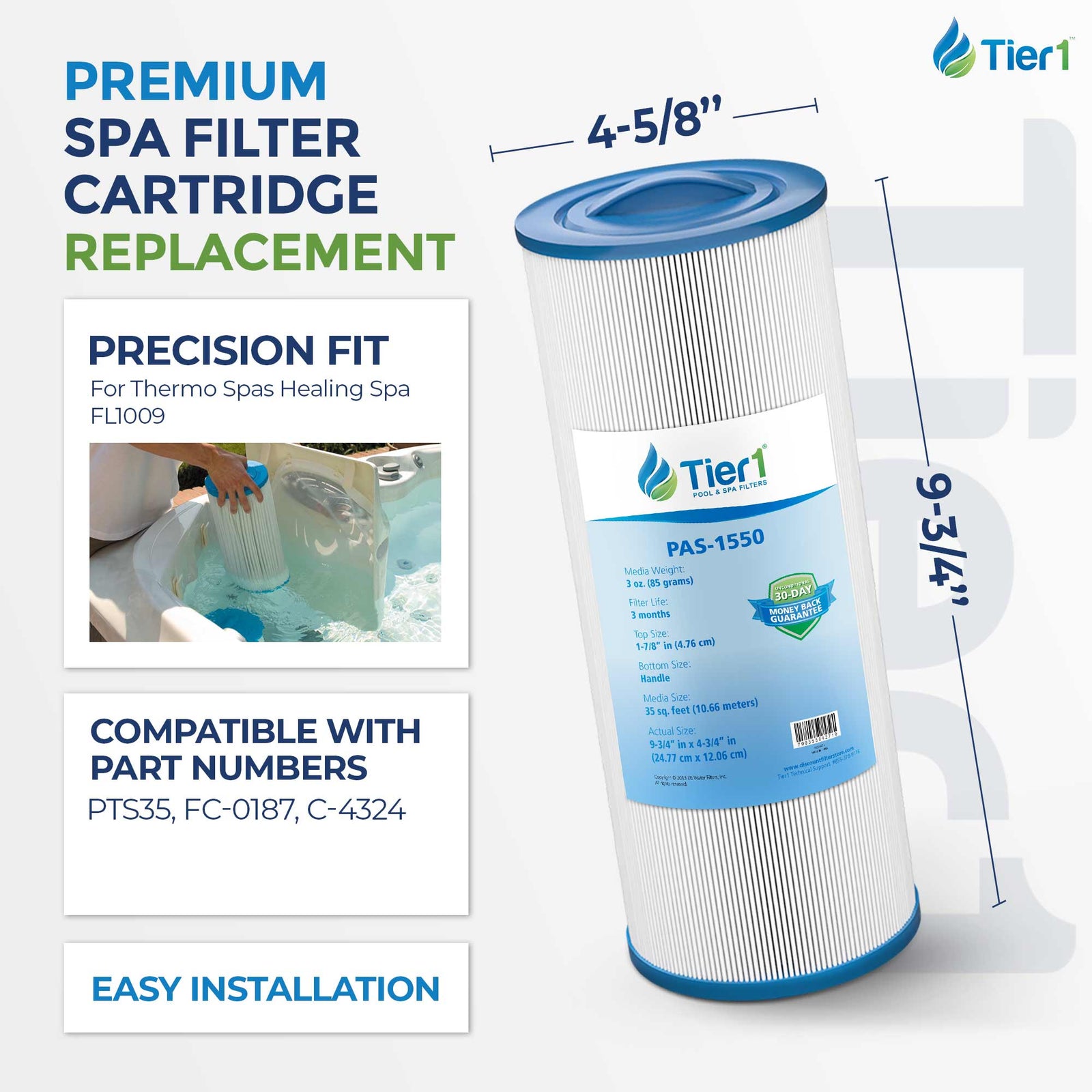 Tier1 Spa Filter for Thermo Spas FL1009 -Washable Trilobal Dirt-Lock Pleats