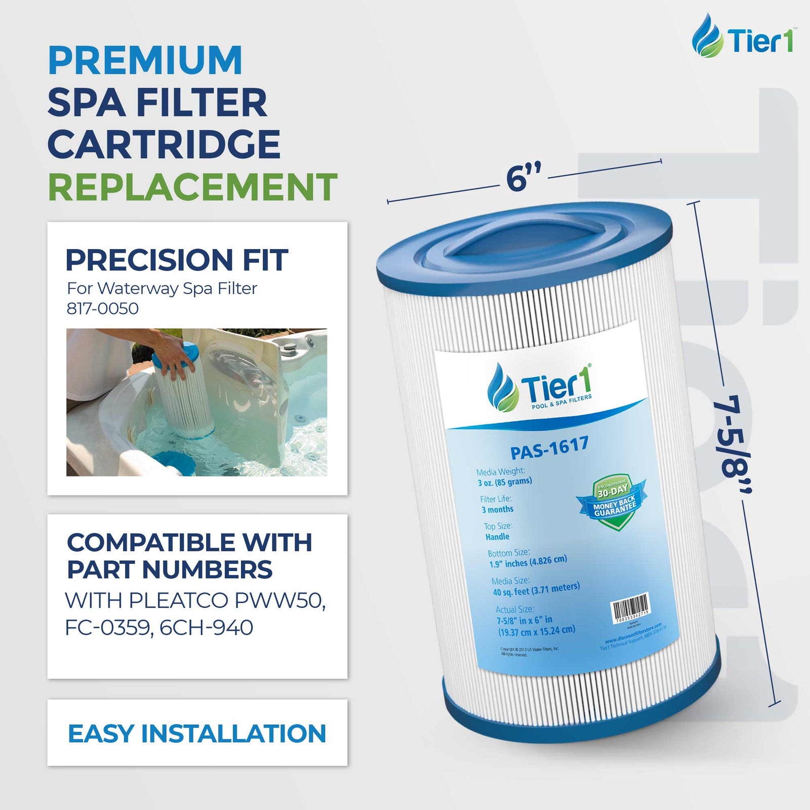 Tier1 Spa Filter for Waterway 817-0050 -Washable Trilobal Dirt-Lock Pleats
