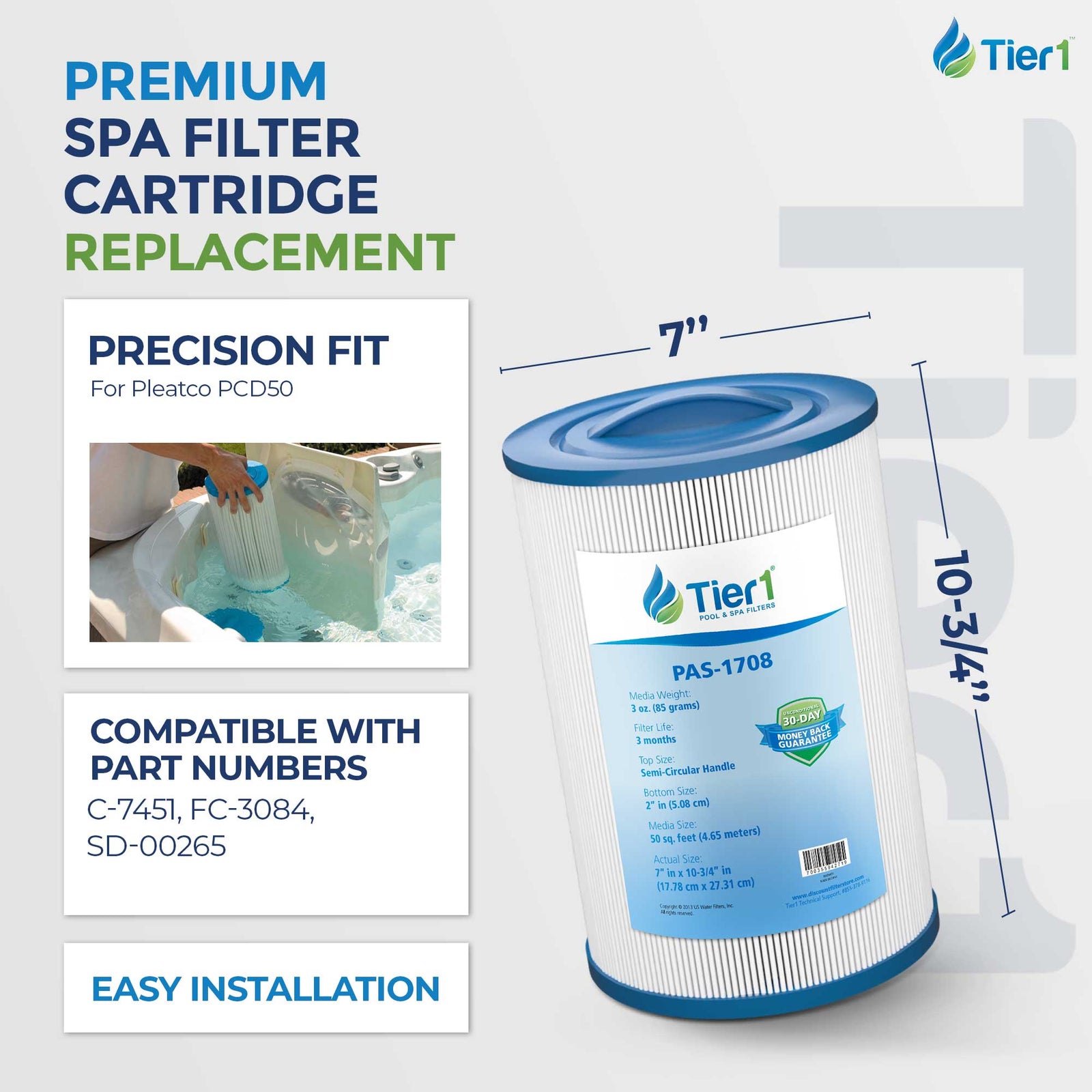 Tier1 Pool Filter for PLEATCO-PCD50 -Washable Trilobal Dirt-Lock Pleats