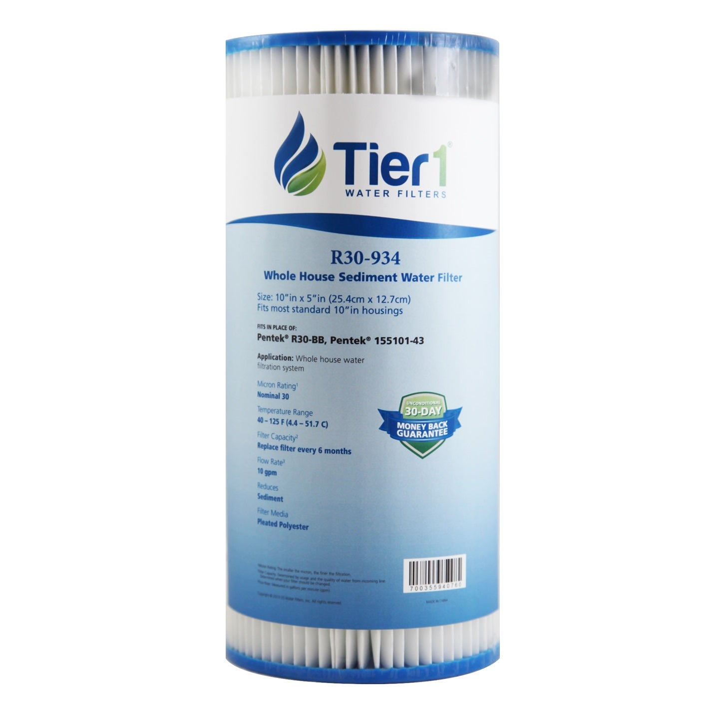 R30-BB 155101-43 Pentek Pleated Polyester Filter Cartridge Comparable Replacement Kit with O-ring and Lubricant by Tier1 (4.5 inches x 9-3/4 inches, 30 Micron) - DiscountFilterStore.com