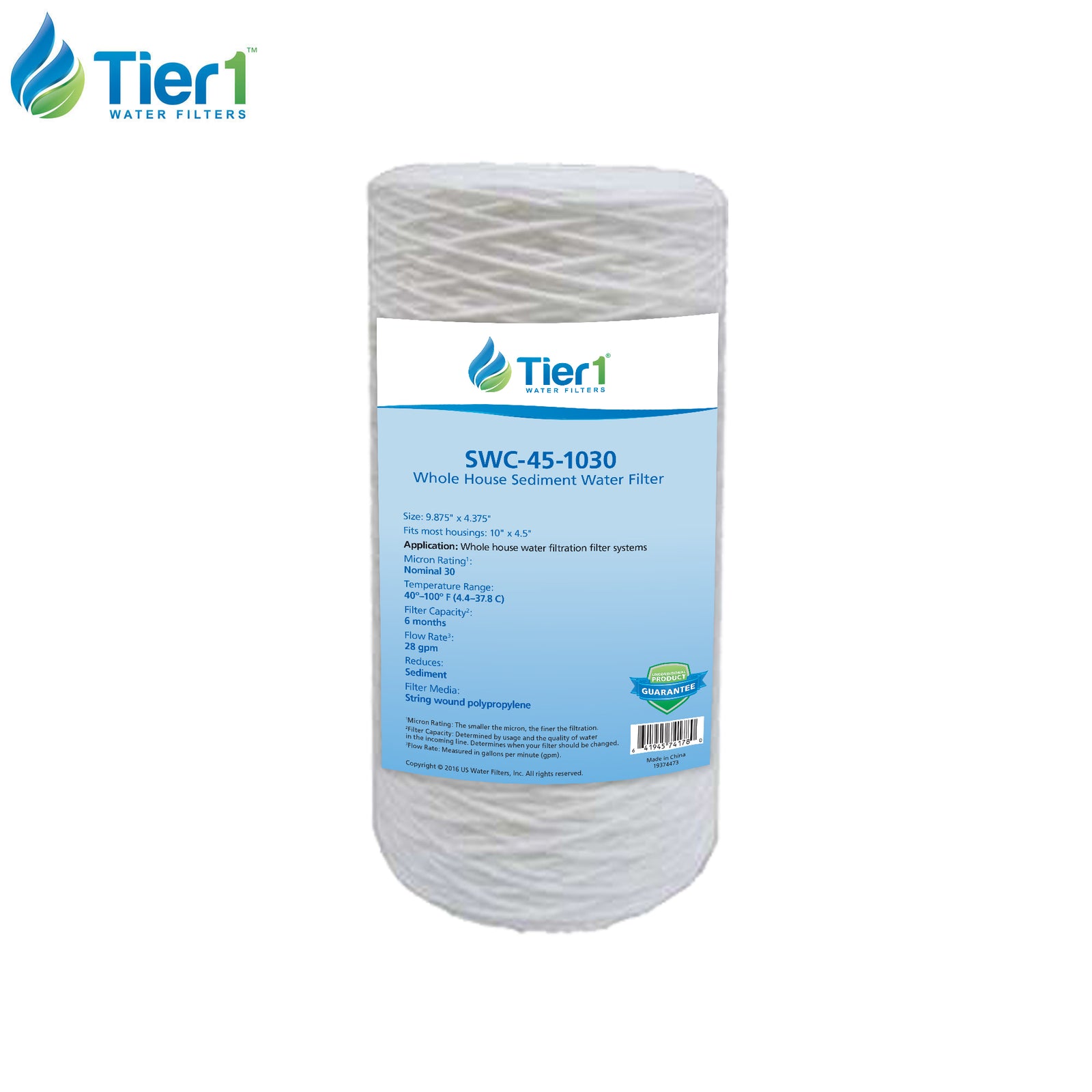 10 inch x 4.5 inch String Wound Sediment Water Filter by Tier1 (30 Micron) - DiscountFilterStore.com