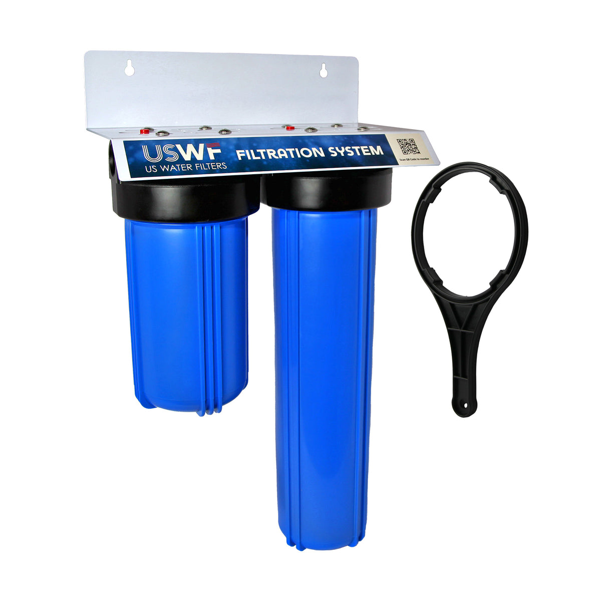 USWF 2-Stage 10"+20" Big Blue Heavy Duty Whole House Filter Housing, 1" NPT Inlet/Outlet, Includes Mounting Bracket & Wrench - DiscountFilterStore.com