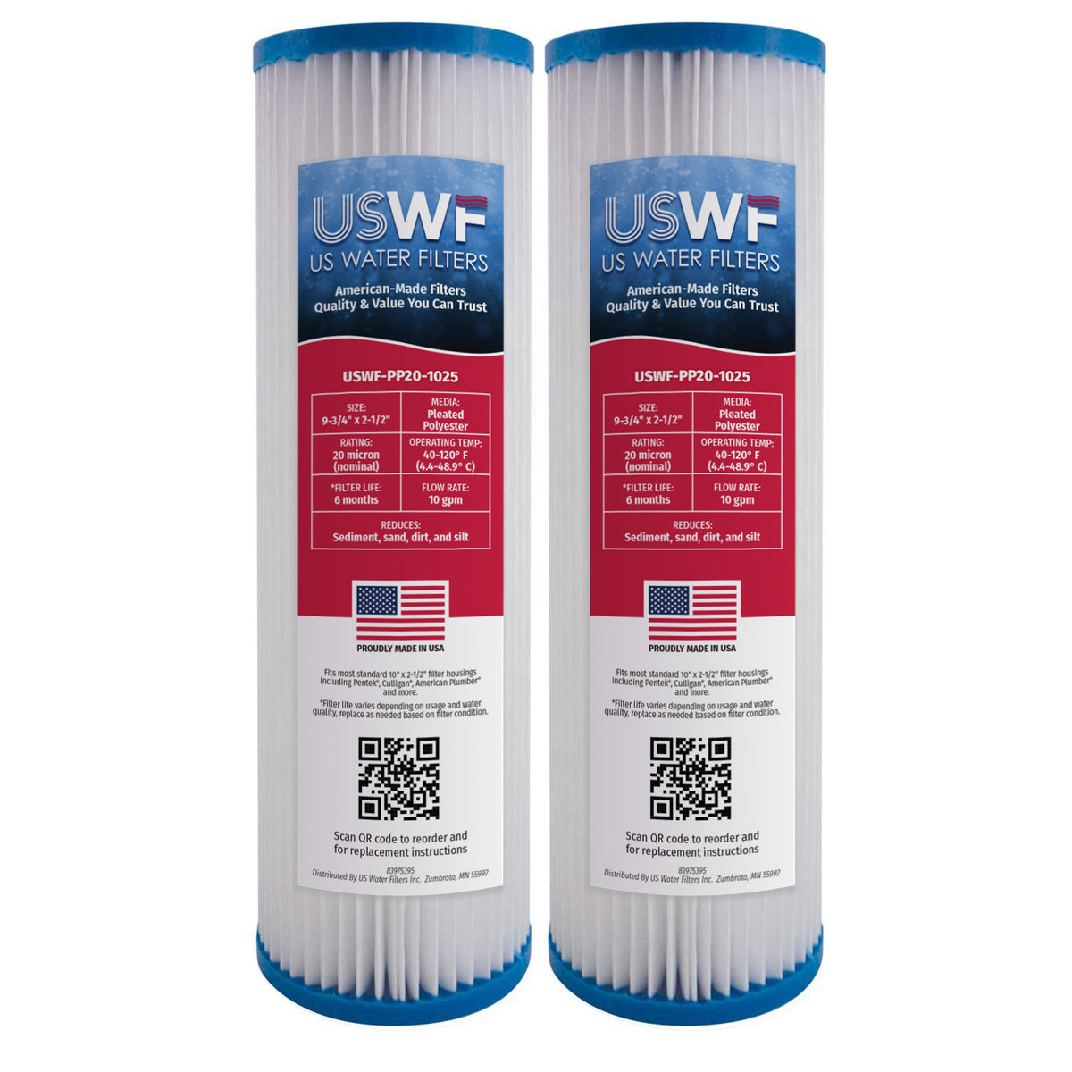 USWF 20 Micron 10"x2.5" Pleated Polyester Sediment Filter - DiscountFilterStore.com