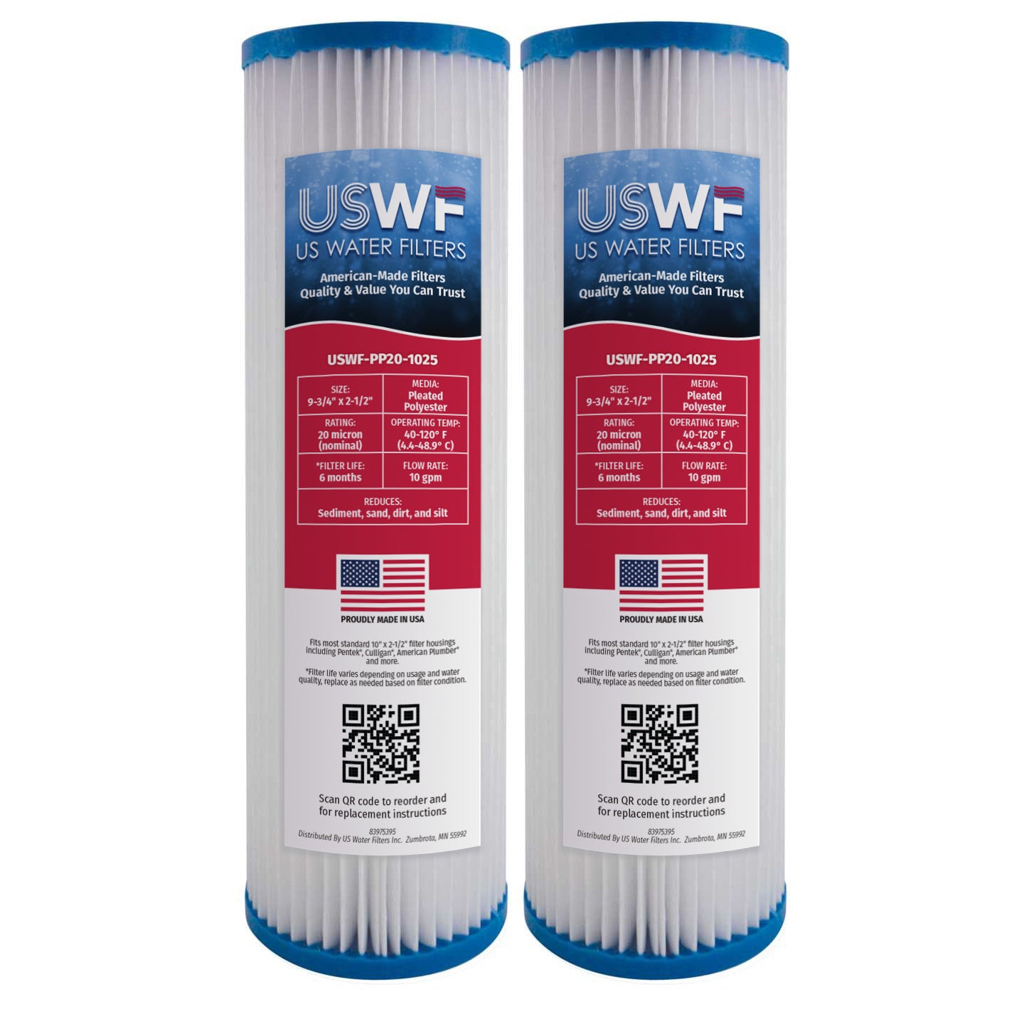 USWF 20 Micron 10"x2.5" Pleated Polyester Sediment Filter - DiscountFilterStore.com