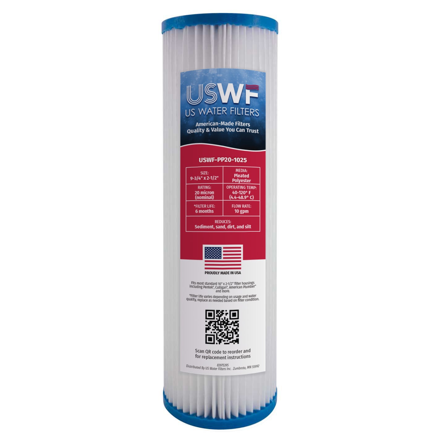 USWF 20 Micron 10"x2.5" Pleated Polyester Sediment Filter - DiscountFilterStore.com