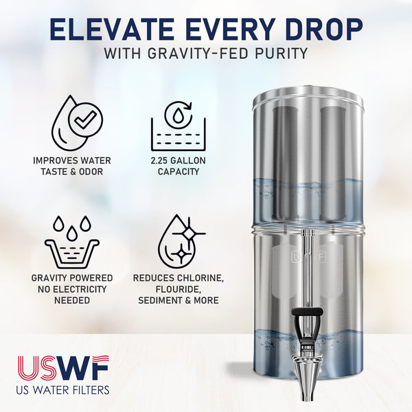 USWF 2.25 Gallon Stainless Steel Gravity Fed Filter System with Fluoride Filtration - Countertop & Faucet Filters - 124.0 - DiscountFilterStore.com