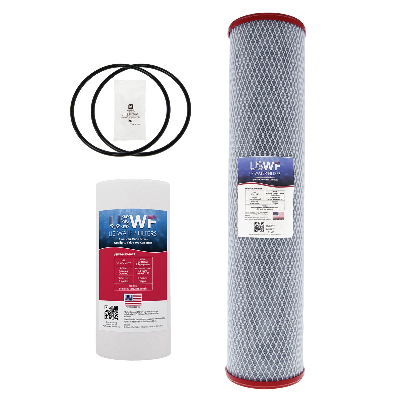 USWF Replacement Filter Set for 2-Stage Chloramine Reduction Filtration System, 10"x4.5" Sediment 5 Micron and 20"x4.5" Chloramine Reduction Carbon Block 1 Micron - DiscountFilterStore.com