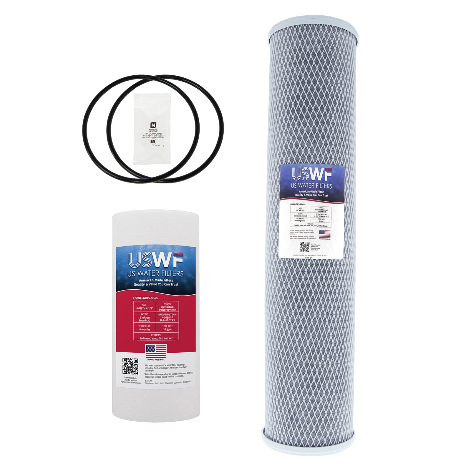 USWF Replacement Filter Set for 2-Stage CTO(Chlorine Taste and Odor) Reduction Filtration System, 10"x4.5" Sediment 5 Micron and 20"x4.5" CTO Reduction Carbon Block 5 Micron - DiscountFilterStore.com