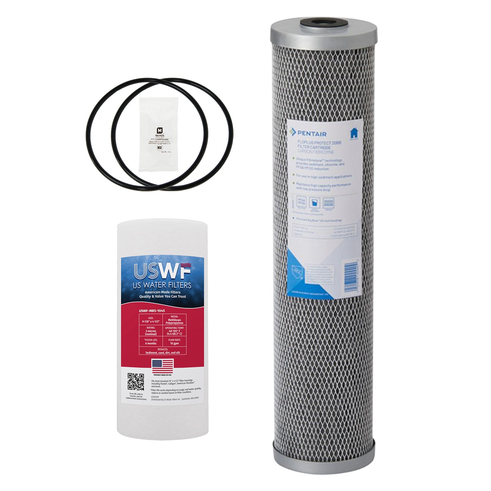 USWF Filter Set For 2-Stage PFAS (Forever Chemicals) Reduction System, 10"X4.5" Sediment 5 Micron & 20"X4.5" PFAS Reduction Carbon Block 0.5 Micron - DiscountFilterStore.com