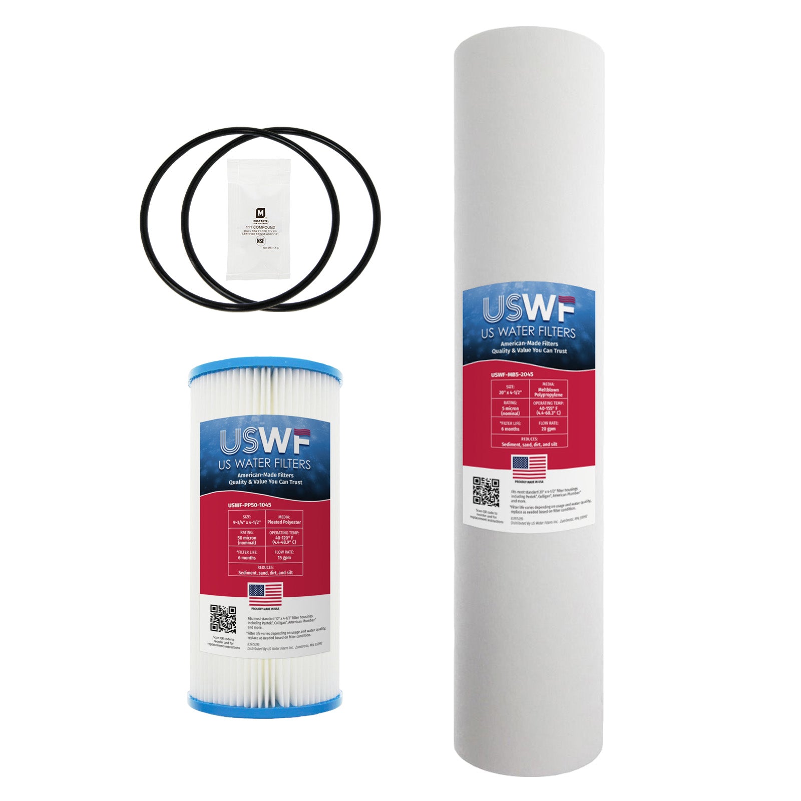 USWF Replacement Filter Set for 2-Stage Heavy Sediment Reduction Filtration System, 10"x4.5" Pleated Sediment 50 Micron and 20"x4.5" Meltblown Sediment 5 Micron - DiscountFilterStore.com