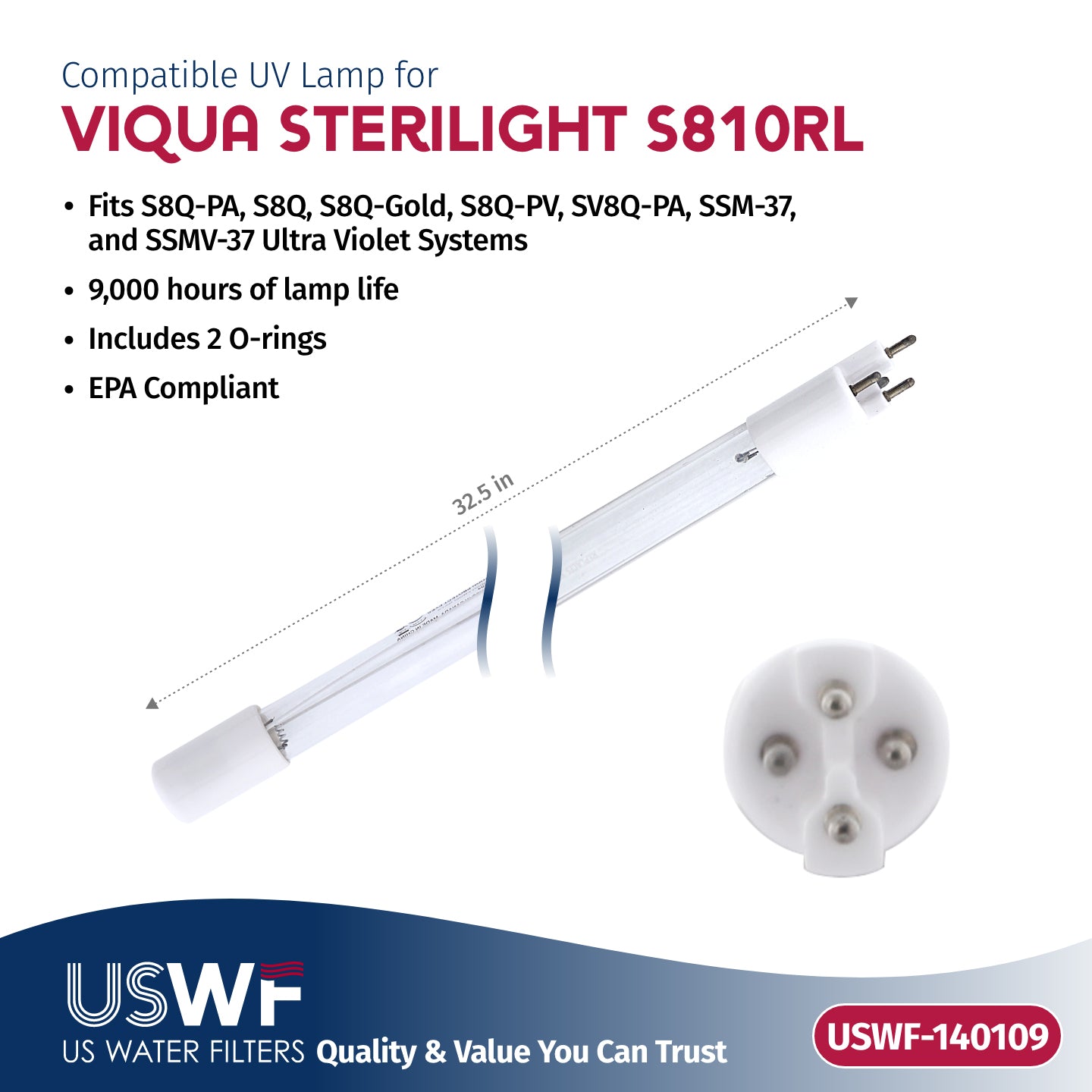 USWF Replacement for S810RL UV Lamp | Fits the VIQUA S8Q, SV8Q-PA, & SSM-37 Series UV Systems - DiscountFilterStore.com