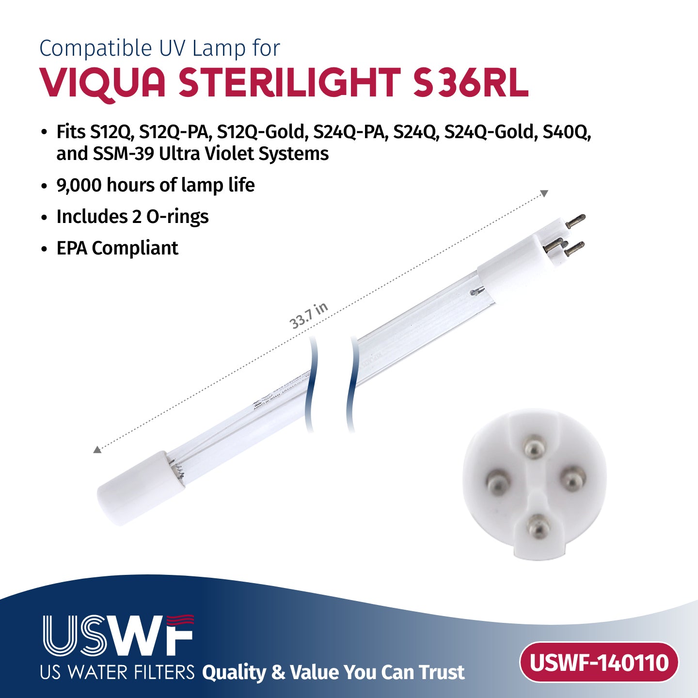 USWF Replacement for S36RL UV Lamp | Fits the VIQUA S12Q, S24Q, S40Q, & SSM-39 Series UV Systems - DiscountFilterStore.com
