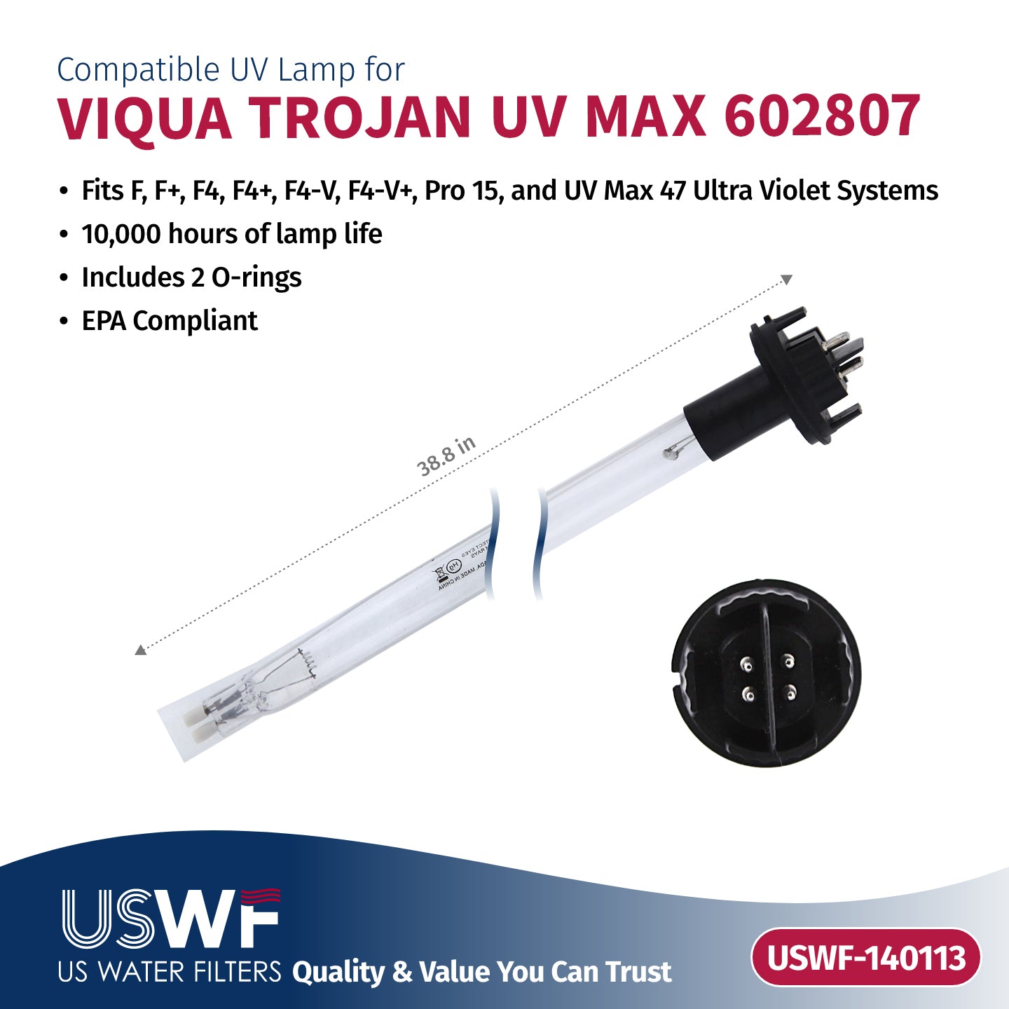 USWF Replacement for VIQUA 602810-104 UV Lamp/Sleeve Combo | Fits the VIQUA F/F+/F4/F4+/F4-V, Pro 15, & UVMax 47 Series UV Systems - DiscountFilterStore.com