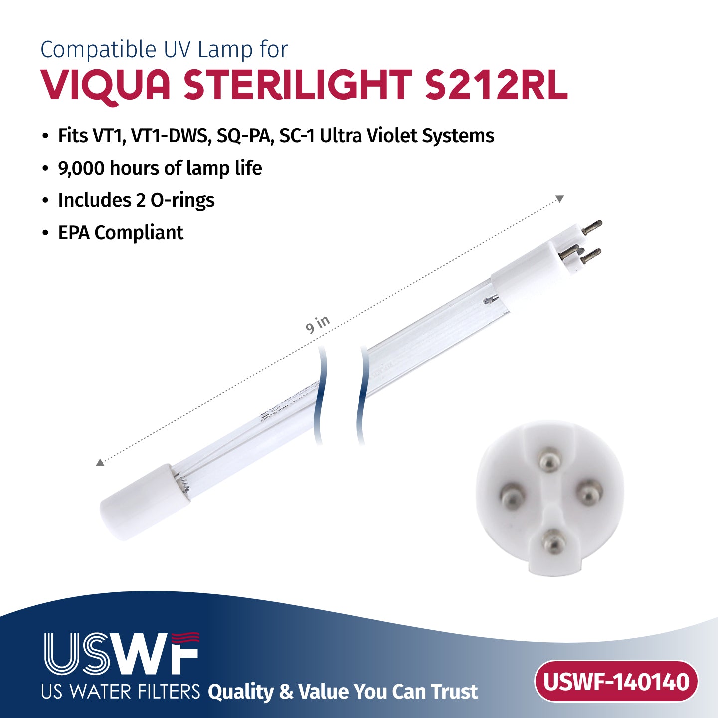 USWF Replacement for S212RL UV Lamp | Fits the VIQUA SQ-PA, SC1, & VT-1 Series UV Systems - DiscountFilterStore.com